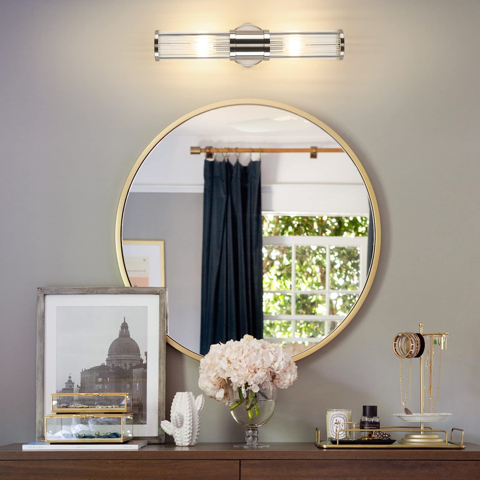 Ecobrt Brushed Nickel Bathroom Light Fixture, Industrial Up & Down Wall Vanity Sconce Indoor Farmhouse Glass Rods Bath Vanity Light Mirror Lighting Lamps Wall Mounted E12 Socket(Without Bulbs)