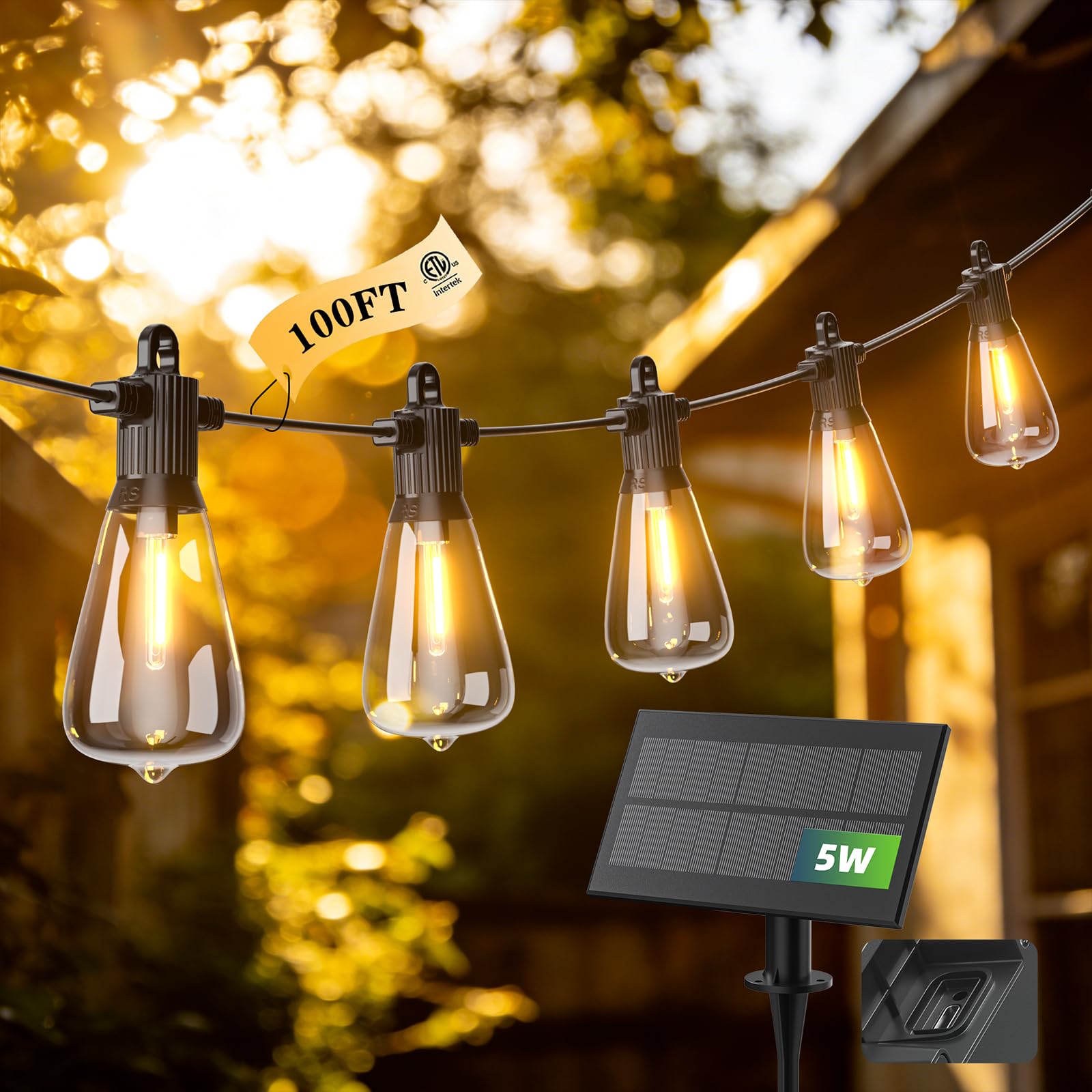 100FT Solar String Lights Outdoor Waterproof IP65 with USB-Charging , Solar Powered LED Patio Lights with 50+2 Shatterproof ST38