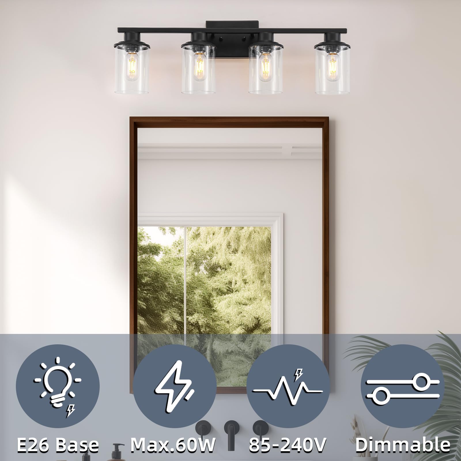 LOUSACE 4 Light Bathroom Vanity Light, Matte Black Metal Fixtures with Glass Shade, Model 21-4-BL, Modern Wall Sconce for Bathroom