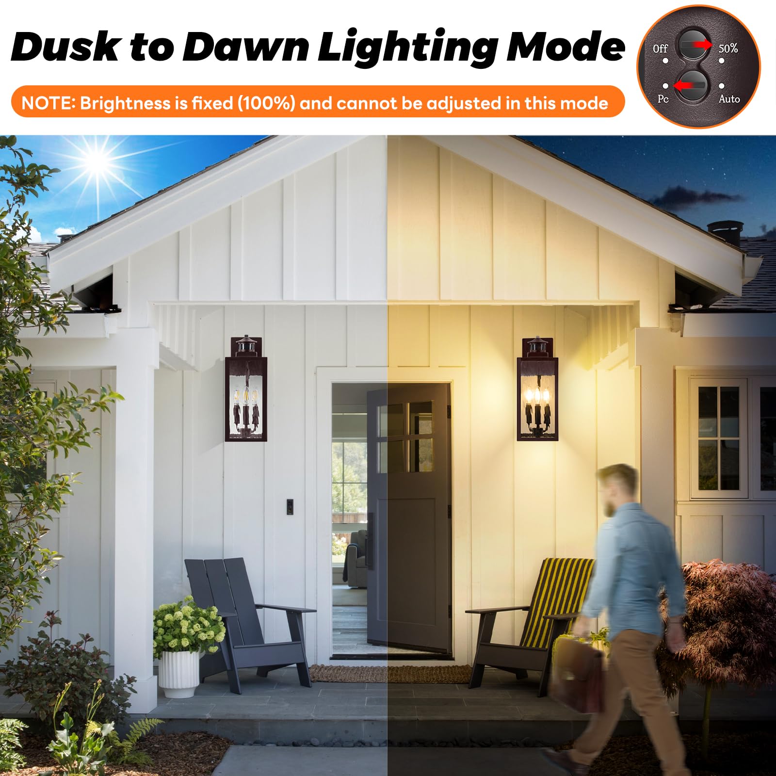 3-Light Motion Sensor Outdoor Wall Light, Waterproof Exterior Wall Sconce Light Fixture With Water-Rippled Glass, Dusk To Dawn B