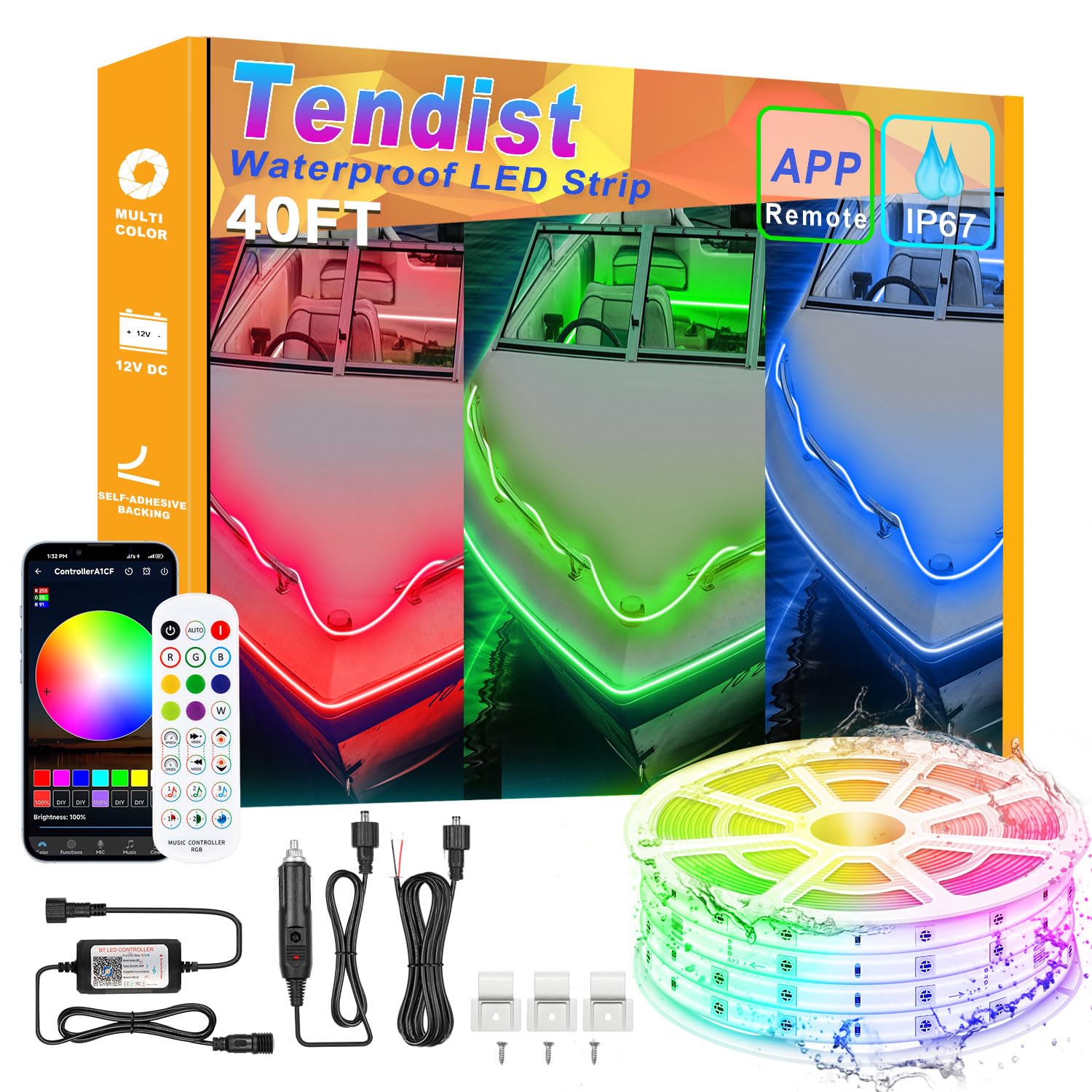 TENDIST LED Boat Lights Strip, 40FT Waterproof RGB Lighting, Model J-5050RGB-30, Multicolor for Marine, Kayak, RV