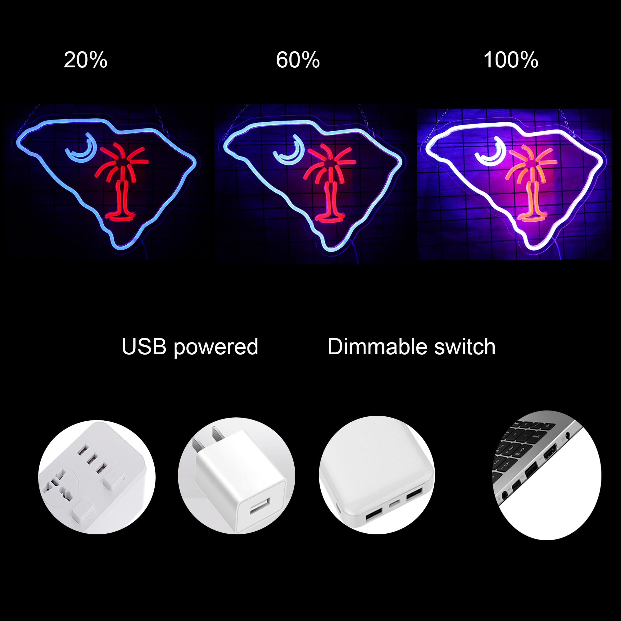 South Carolina Flag Neon Light Sign Palmetto Tree Moon Neon Sign Usb Powered For Room Decor S.C. Flag Led Wall Sign Tree Moon Neon Signs Led Neon Light Sign For Wall Decor Game Room Man Cave Pub Party Birthday Gifts 15.32*11.6 Inch