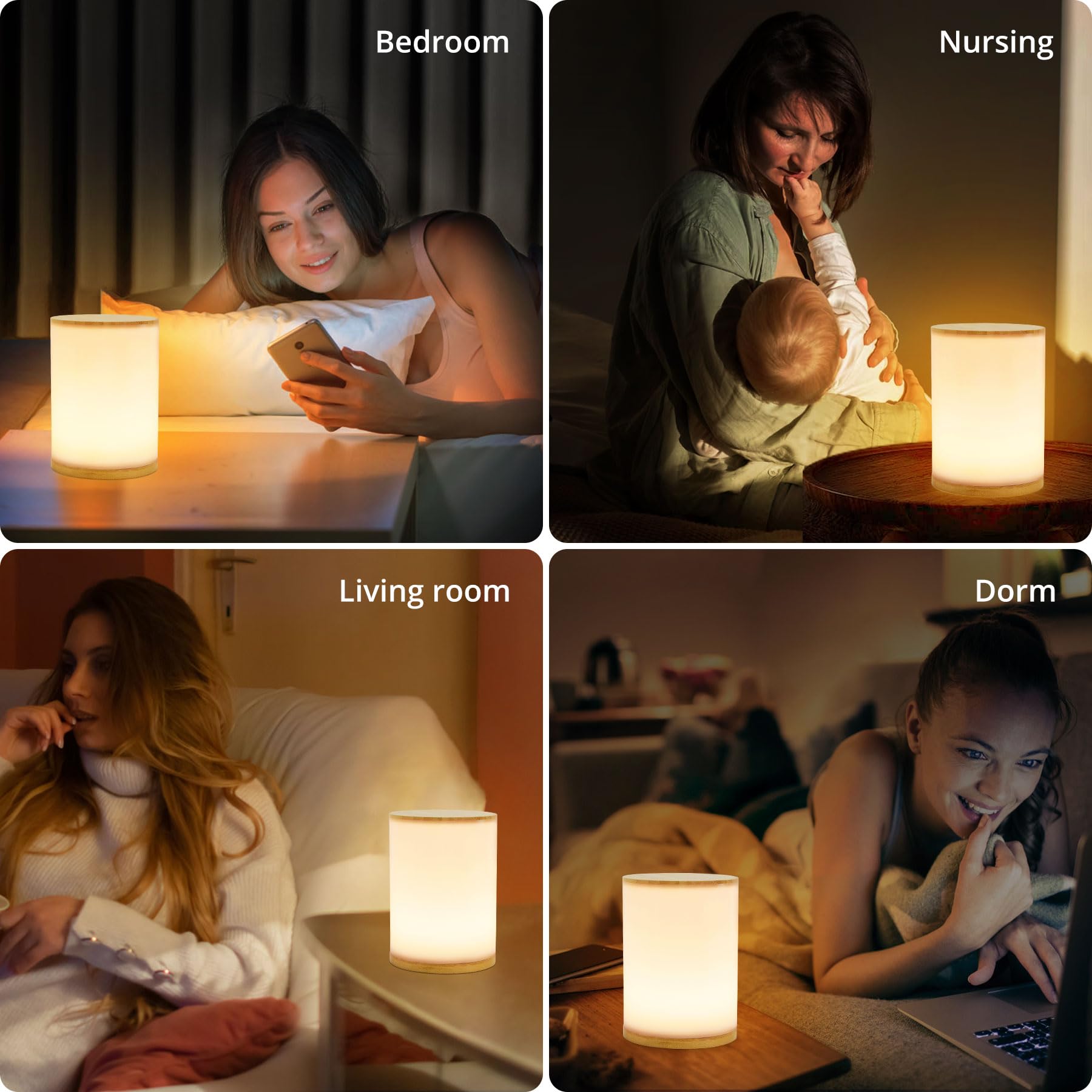 UCHENTON Mini Bamboo Bedside Table Lamp, 10 Brightness Levels, 3 Color Temperatures, Polycarbonate Shade, USB, Cold White/Warm White/White