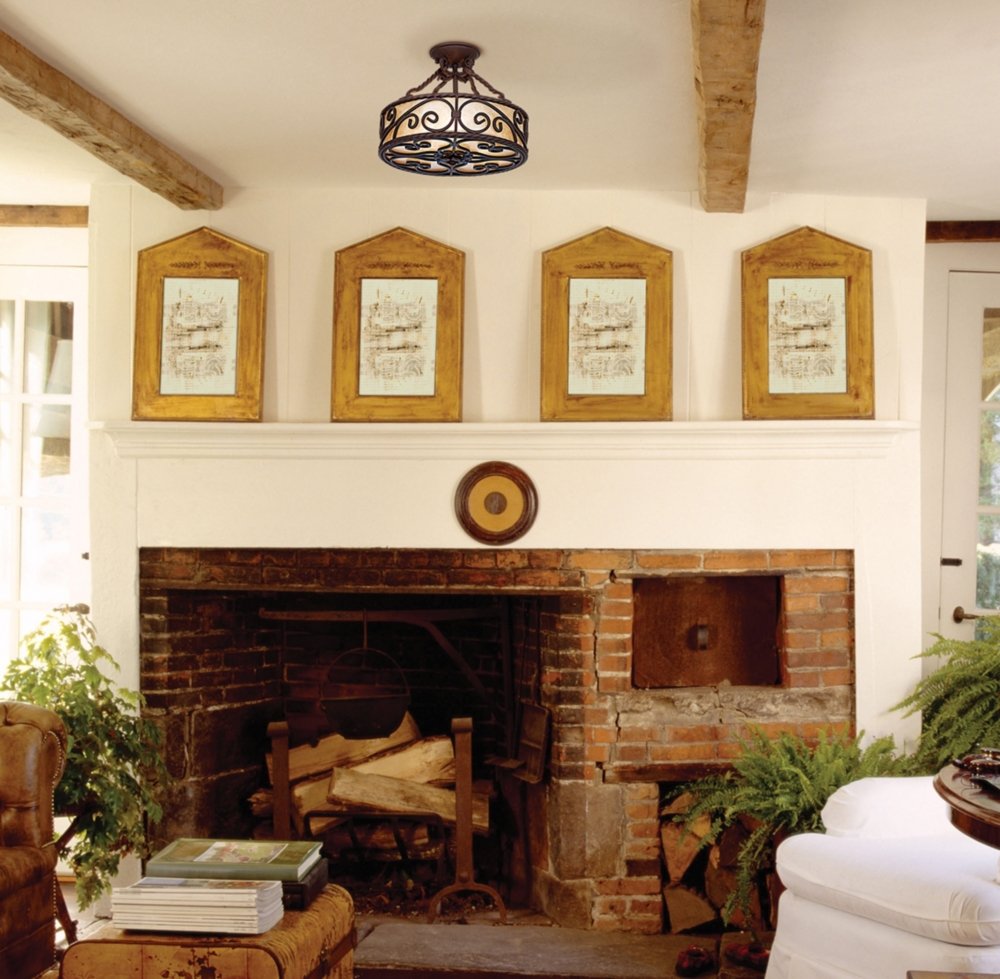 John Timberland Natural Mica Collection Rustic Ceiling Light Semi-Flush Mount Fixture Deep Walnut Scroll 15'' Wide Drum Shade Fo