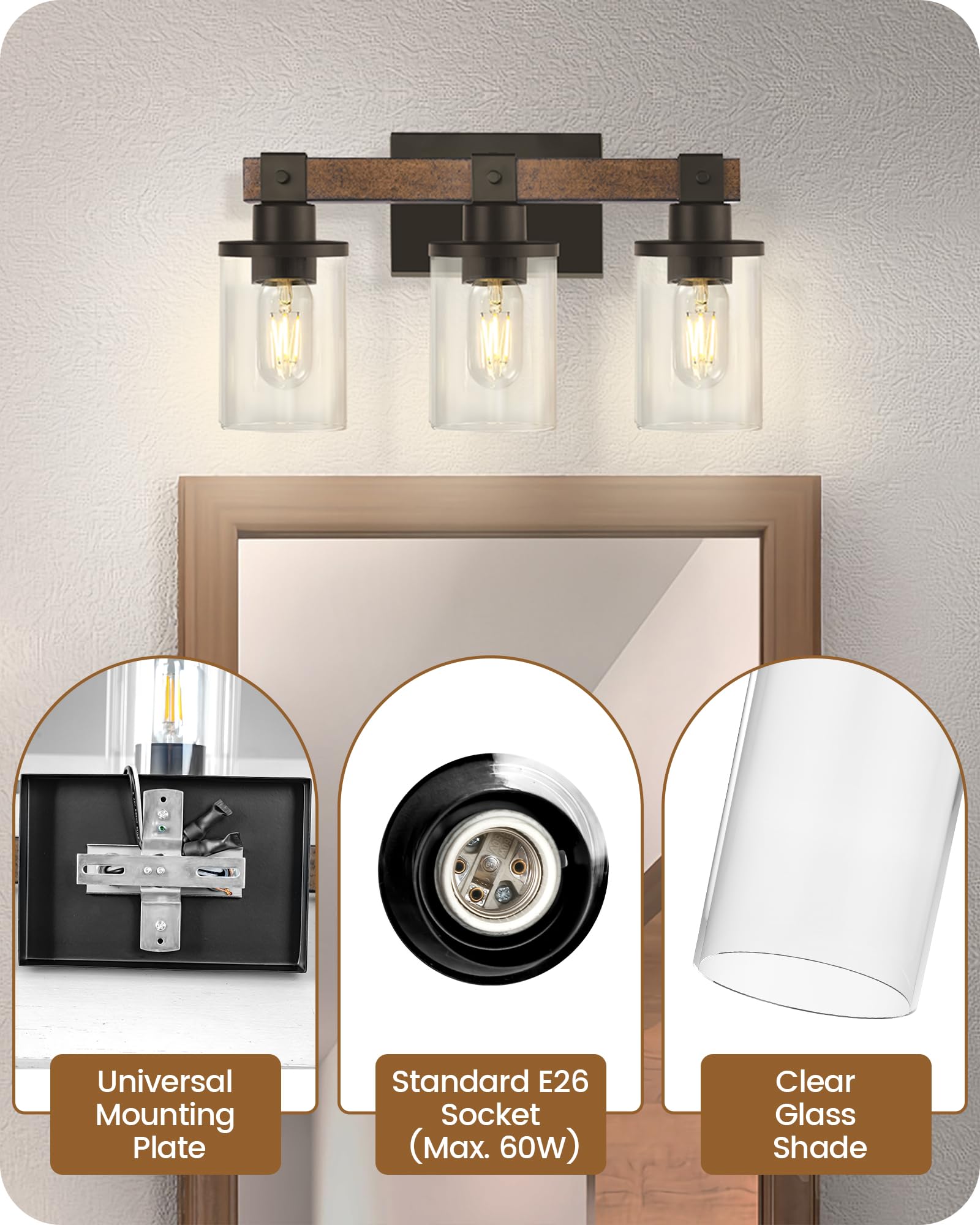 GOEBLESON 3-Light Bathroom Light Fixture, Rustic Brown & Black Metal Vanity Lights, Model F08BD05