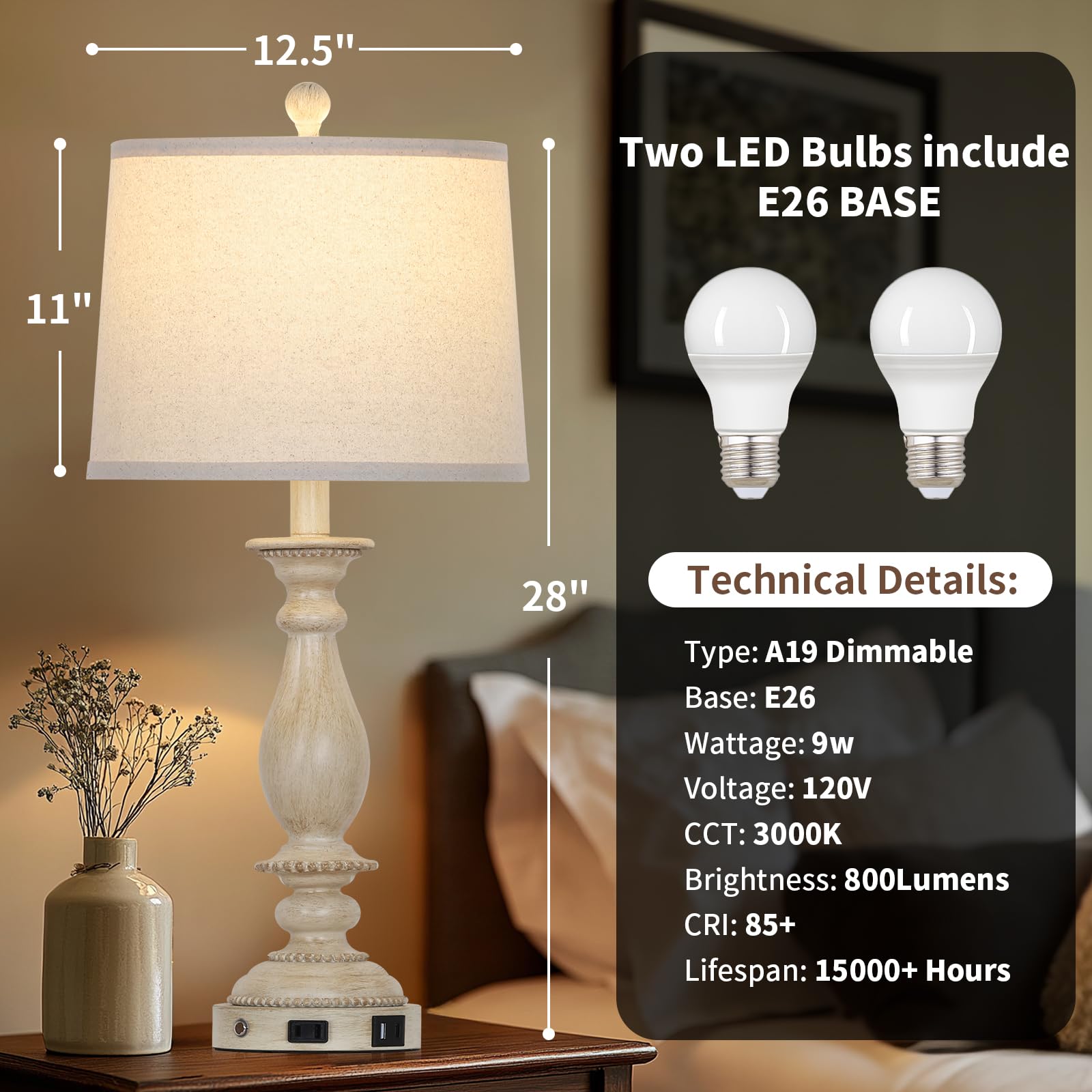 Cinsary 28'' Tall Farmhouse Table Lamps For Living Room Set Of 2,Vintage Rustic Beige Bedside Touch Lamp With Usb C+A Ports & Ac