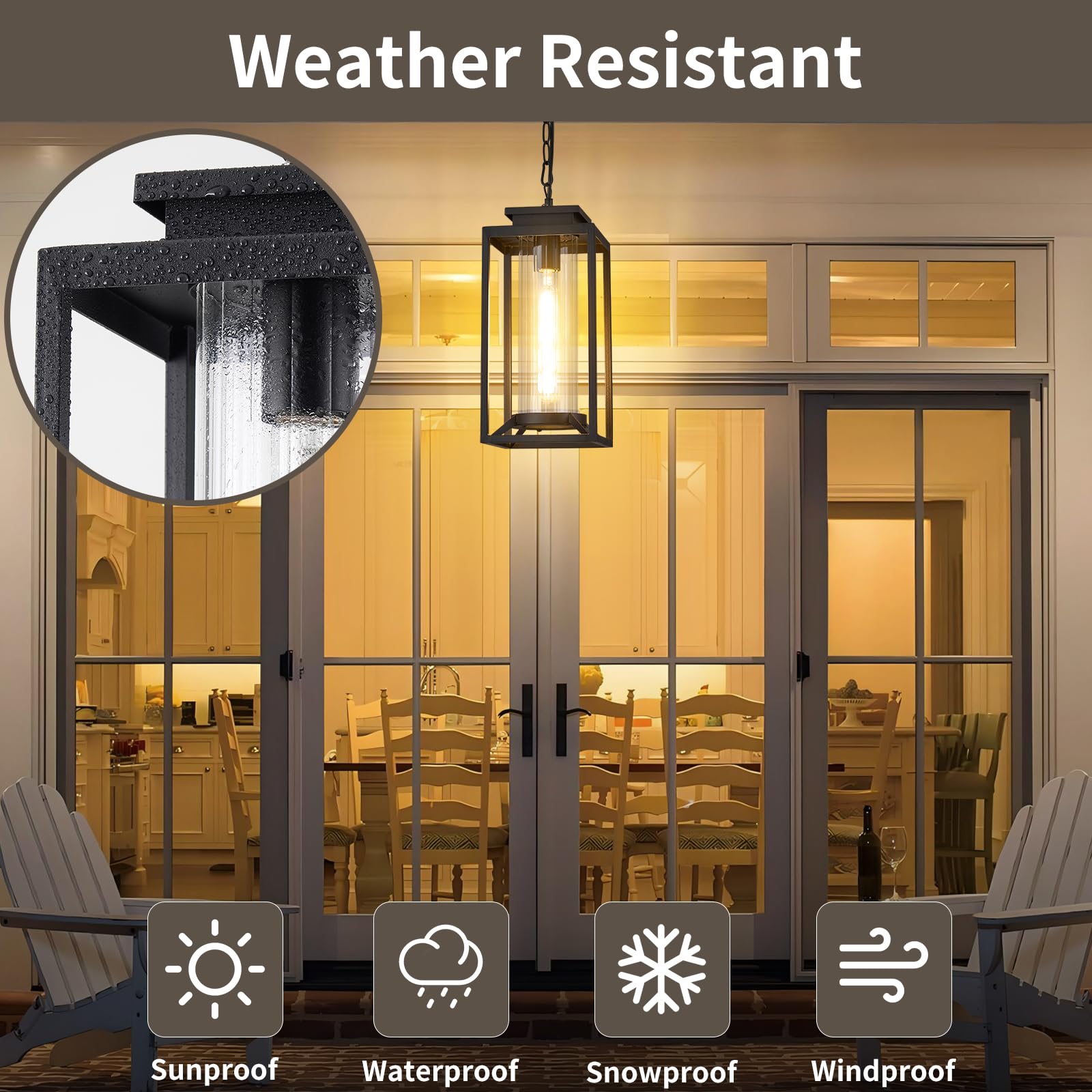 Osimir Outdoor Pendant Light, 14'' Large Dusk To Dawn Outdoor Chandelier Lantern With Sensor, Black Modern Exterior Hanging Porc