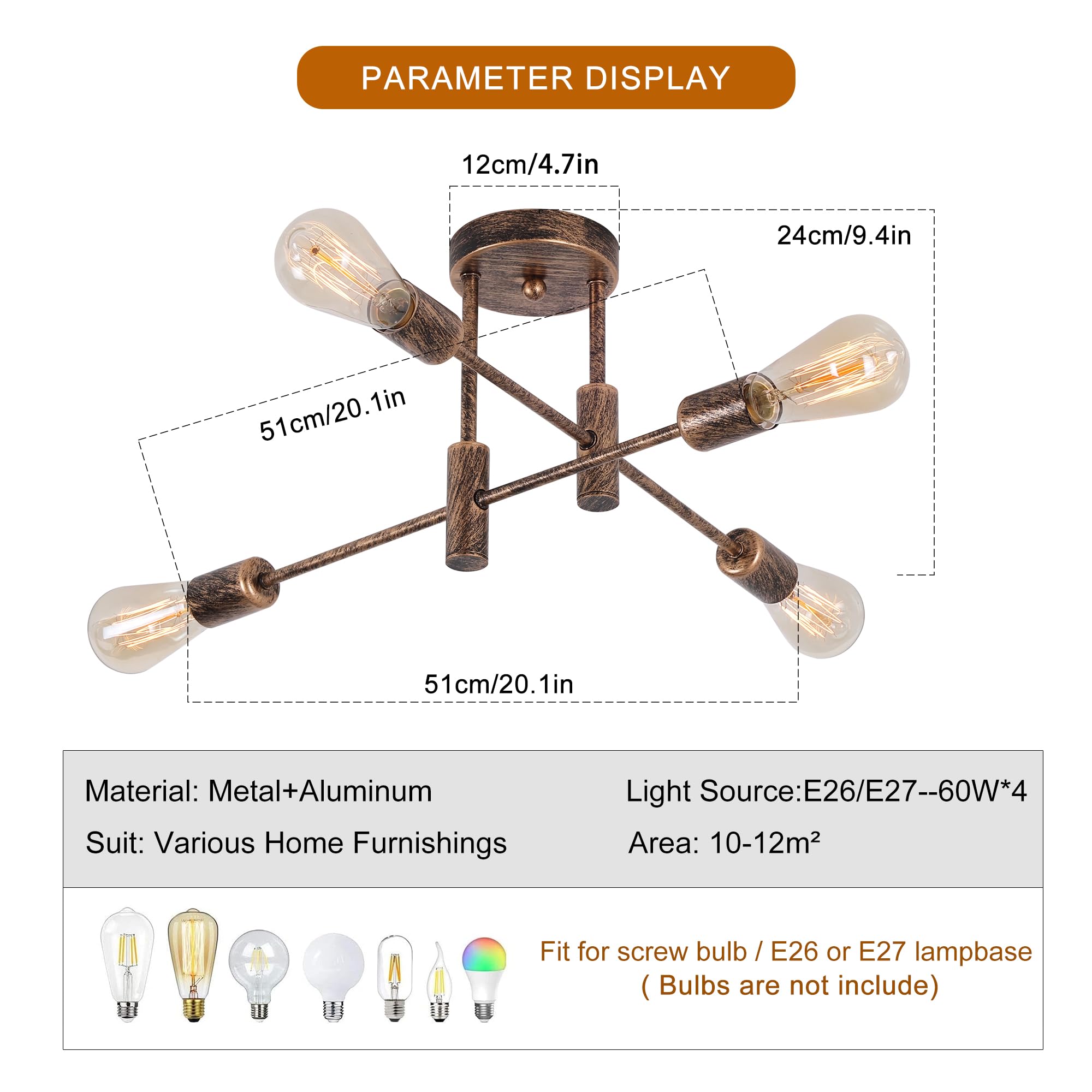 Garwarm 4-Light Semi Flush Mount Ceiling Light Fixture Farmhouse Sputnik Ceiling Light Vintage Modern Bronze Sputnik Chandelier