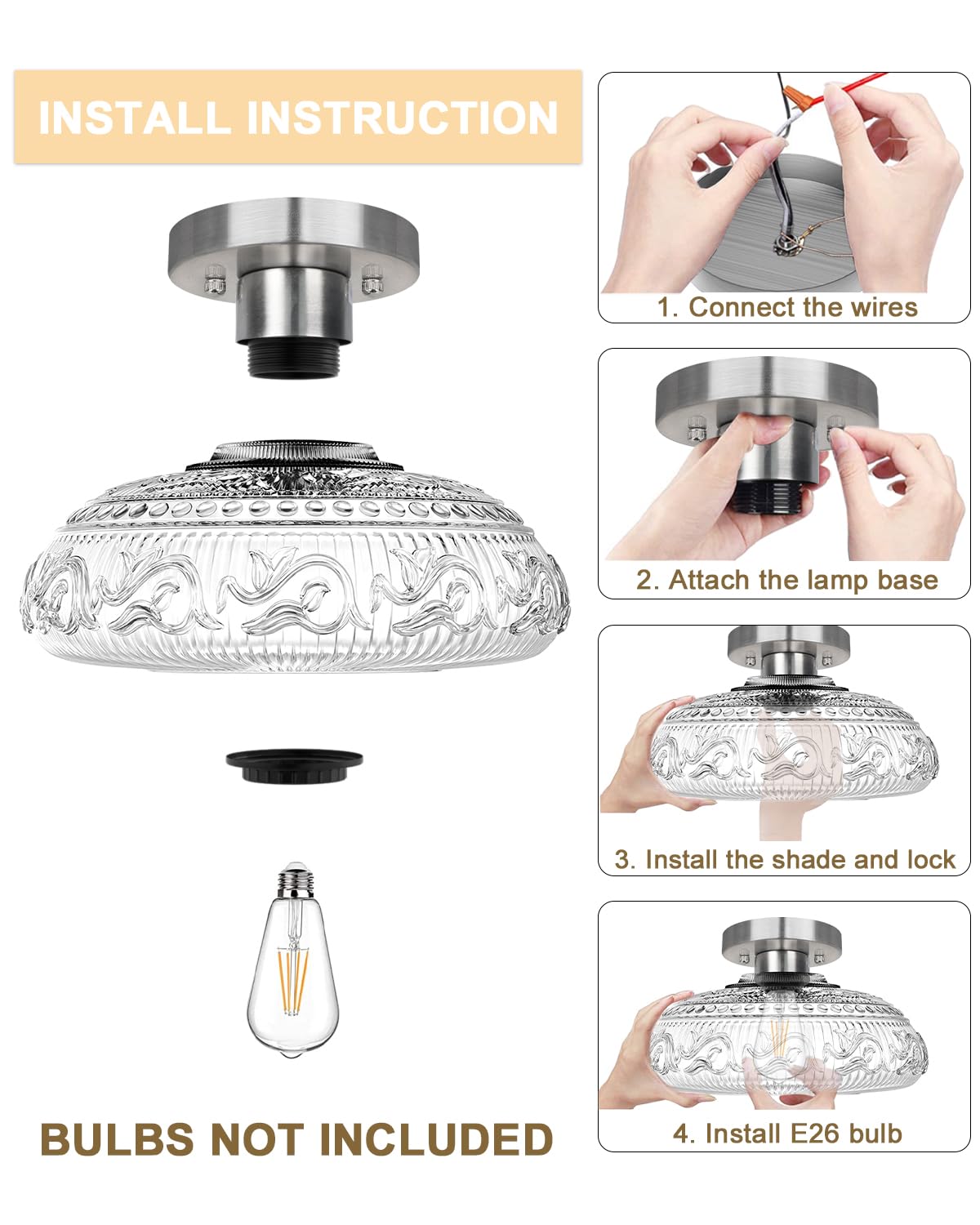 Semi Flush Mount Ceiling Light Fixture - 11 Inch Modern Glass Hall Light, Vintage Light Fixture For Kitchen, Hallway, Bathroom And Entry Way, Compatible With E26 Light Bulb, Silver
