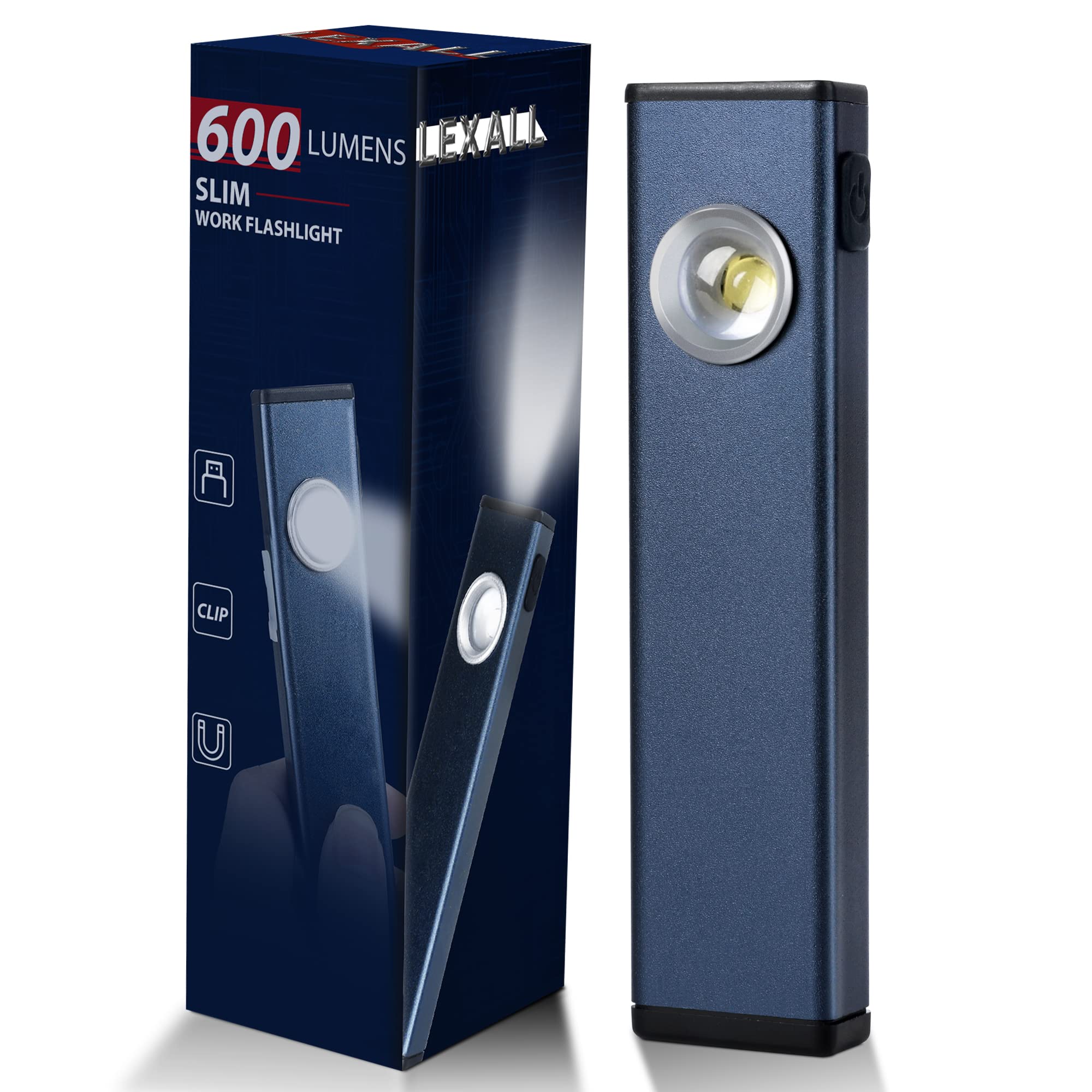 Lexall Rechargeable Work Light, 600 Lumens Portable Led Flashlight, Magnetic Cob Flat Task Light With Pocket Clip, 3 Modes, Pocket Pen Inspection Light For Repairing, Camping, Hiking, Emergency(1 Pc)