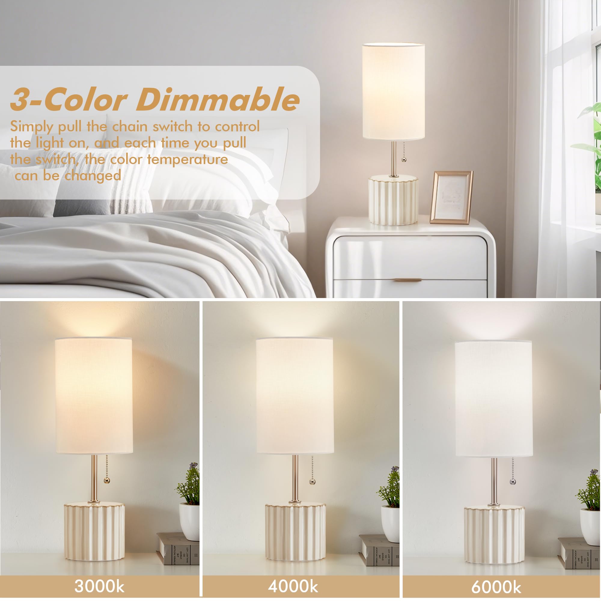 Gyrovu White Ceramic Table Lamps Set Of 2, Bedside Nightstand Lamps With 3-Color Temperature Ceramic Lamp Pull Chain, Small Desk