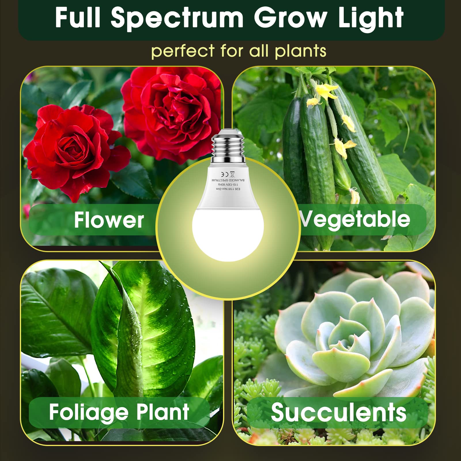 Grow Light Bulbs, Weegrow Led Grow Light Bulb A19 Bulb, Full Spectrum Grow Light Bulb, Plant Light Bulb E26 Base, 11W Grow Bulb 100W Equivalent, Grow Light For Indoor Plant, Seed Starting, Veg, 6 Pack