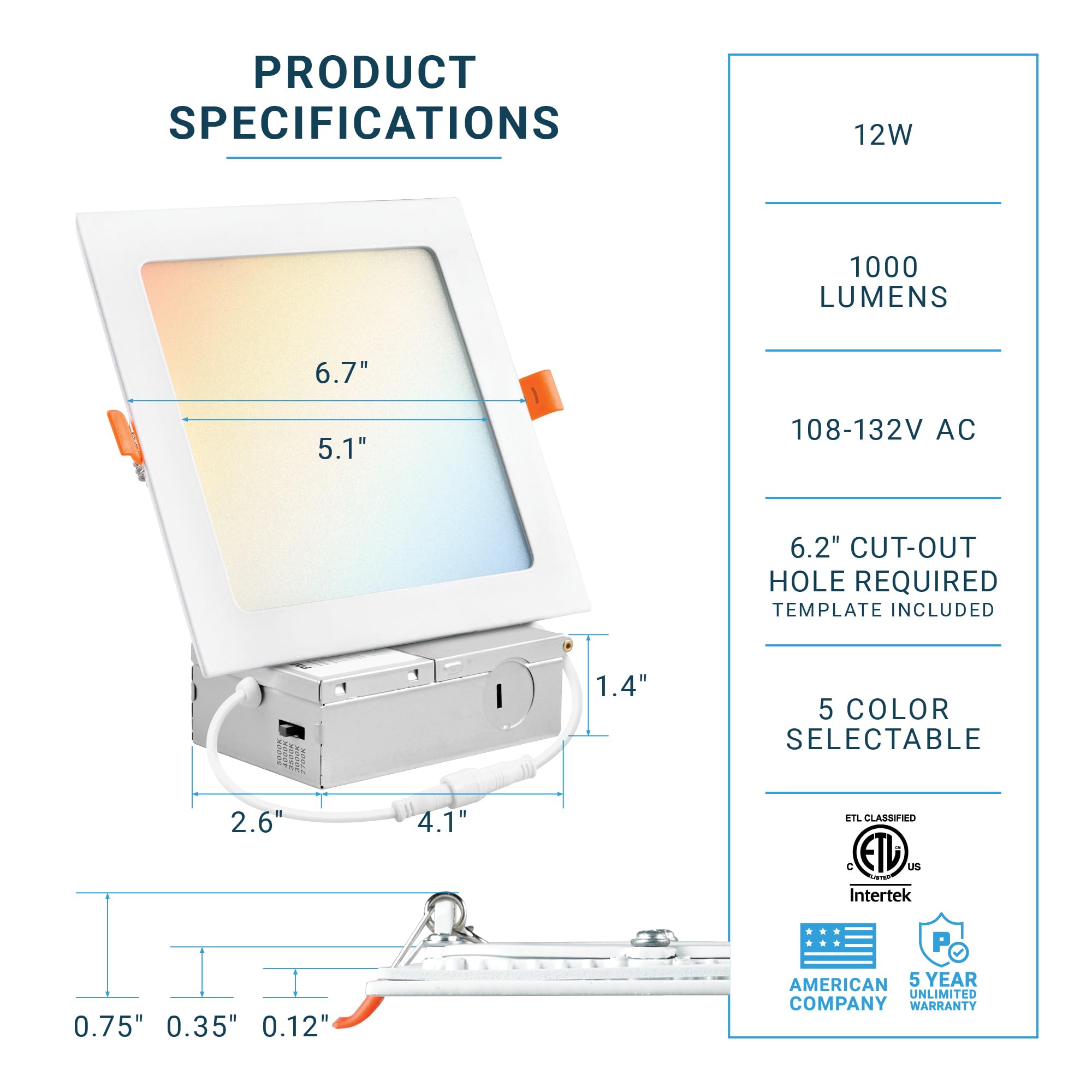 Parmida LED 6 Pack 6 Inch Ultra Thin Recessed Lighting, 5CCT Dimmable, 12W, IC Rated, 5000K-2700K Color Select