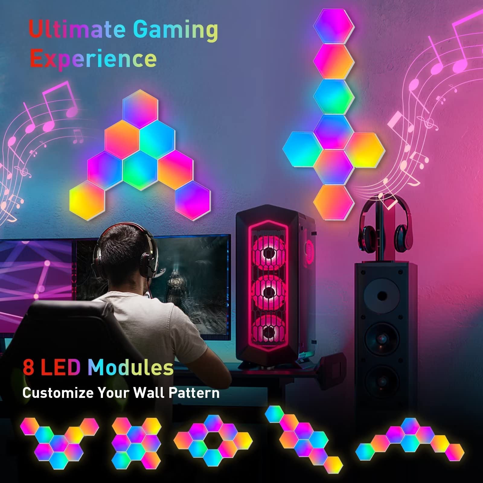 Hexagon Lights (8 Pack) Led Wall Panels, Tisofu Rgb Gaming Lights With App, Smart Modular Panel Hex Tiles Push Glide Expansion S