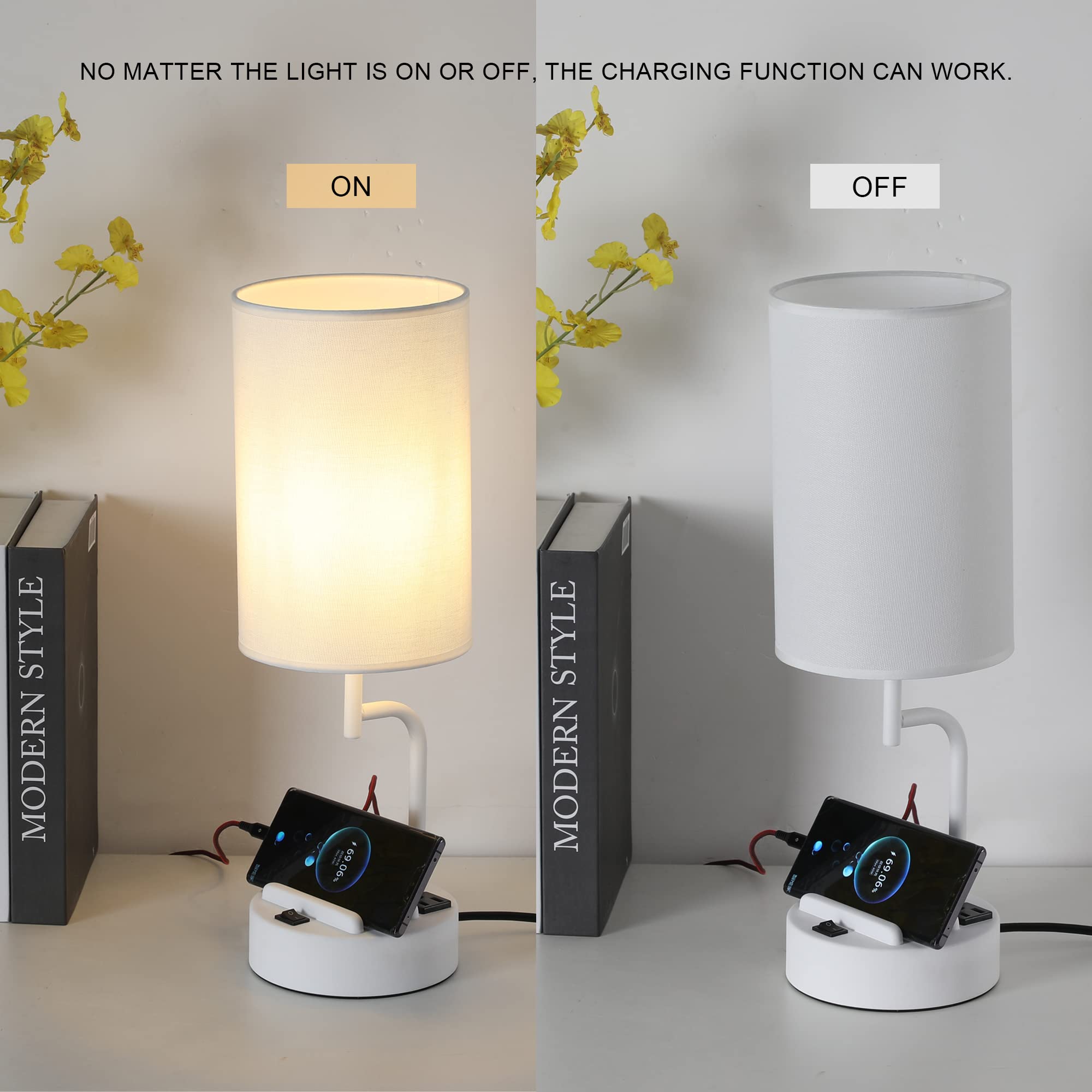 Dreamholder Table Lamp with 3 USB Ports & AC Outlet, White, Pack of 2, Modern Design for Bedroom, Living Room, Office