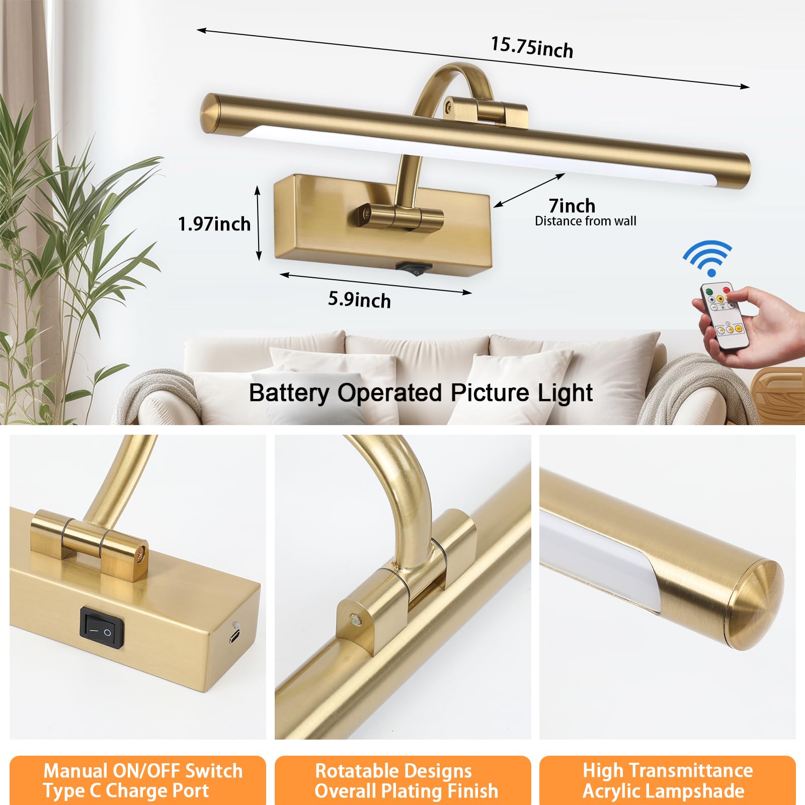 Tassuowell Wireless Picture Light, 15.7" Brass, Dimmable, Battery Operated Art Light with Remote, Model 7115
