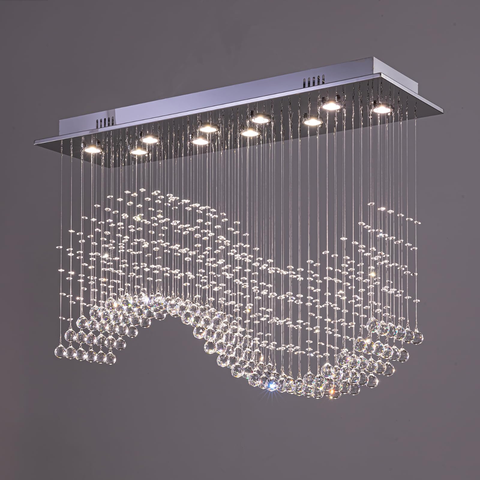 Siljoy Modern Wave Raindrop Crystal Chandelier Rectangular Pendant Flush Mount Ceiling Light for Dining Room Living Room Length 