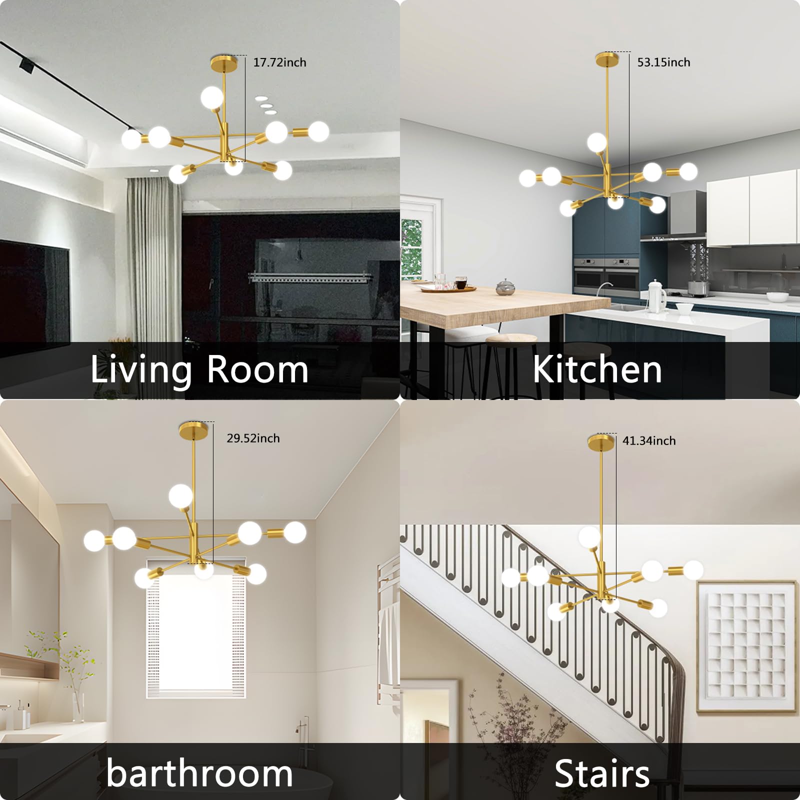 ANYTOP Modern Chandelier 8-Light Gold Metal Fixture 53InchH Adjustable for Dining Room, Kitchen, Bedroom, Foyer - Model HG02154