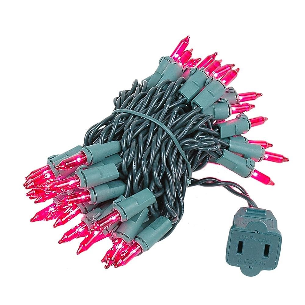 Novelty Lights 50 Light Pink Christmas Mini String Light Set, Green Wire, Indoor/Outdoor UL Listed, 11' Long