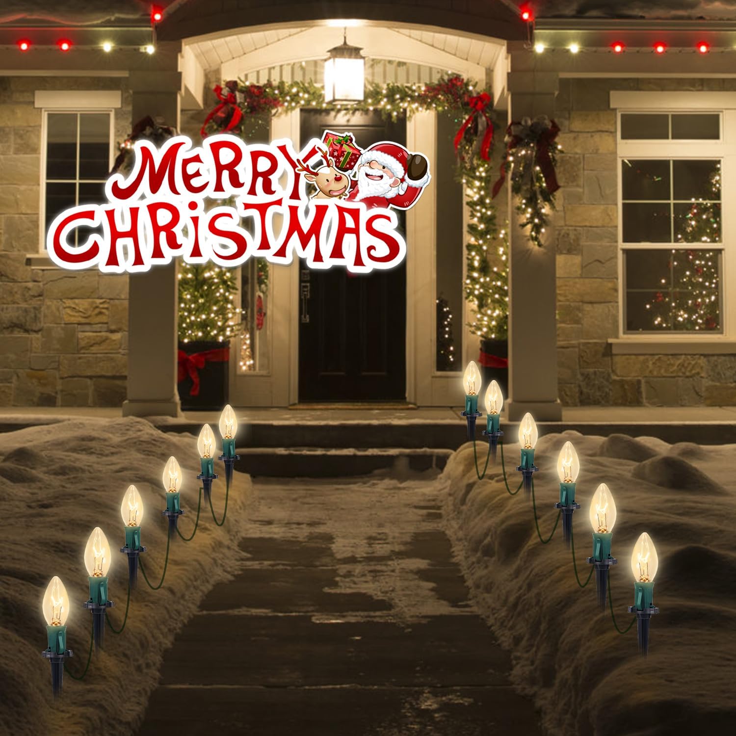 C9 Christmas Pathway Lights, 38Ft Clear Christmas Pathway String Lights With 25 Incandescent Bulbs And Stakes For Outdoor Walkwa