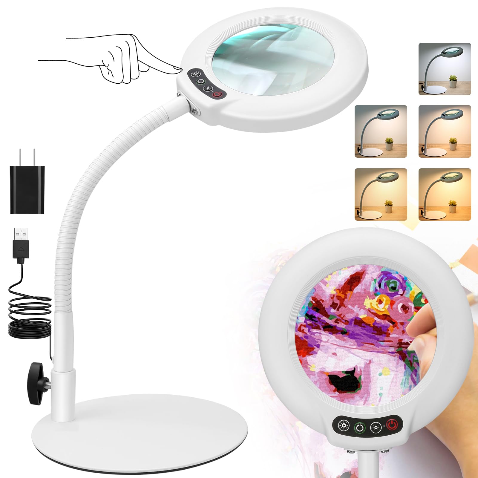 Drdefi 10X Magnifying Glass With Light And Stand, 5 Color Modes Stepless Dimmable Flexible Gooseneck Magnifying Desk Lamp, Led Lighted Magnifier Hands Free For Close Work Craft Reading Painting-White
