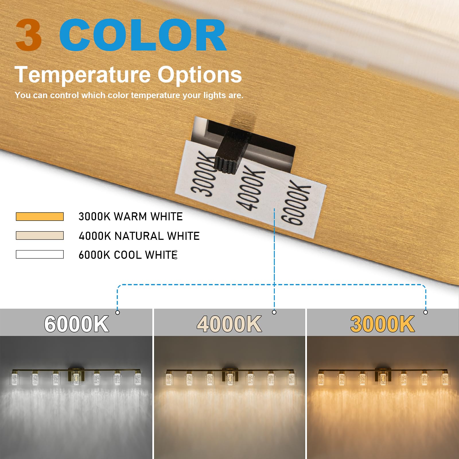 SineRise 7-Light Gold Vanity Light Fixture, Dimmable LED, Eye Protection, 3 Color Modes, Model 6936cca7, Stainless Steel