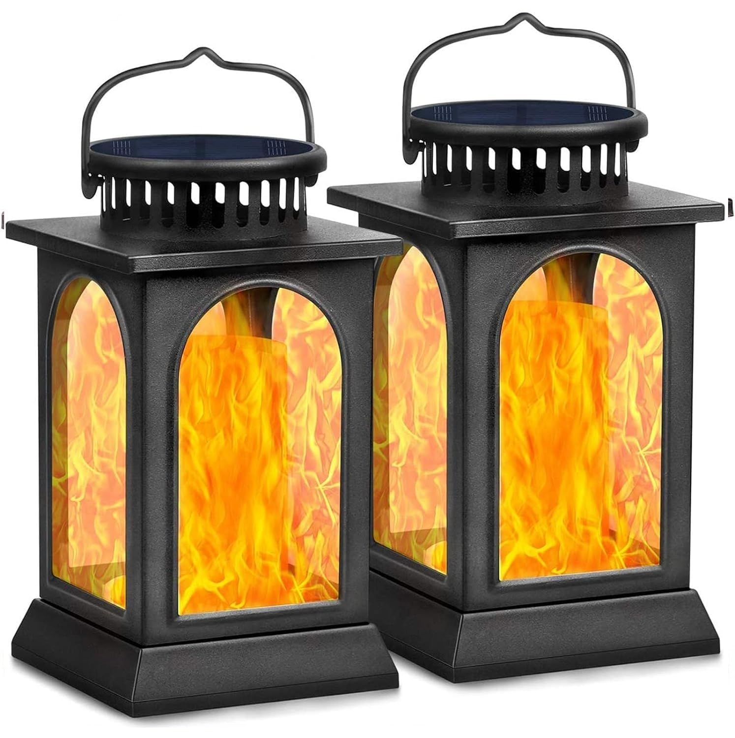 TomCare Solar Lights Flickering Flame Upgraded Metal Solar Lantern Outdoor Hanging Decorative Lanterns Heavy Duty Solar Powered Waterproof Outdoor Lighting for Patio Garden Deck Yard  2 Pack (Black)