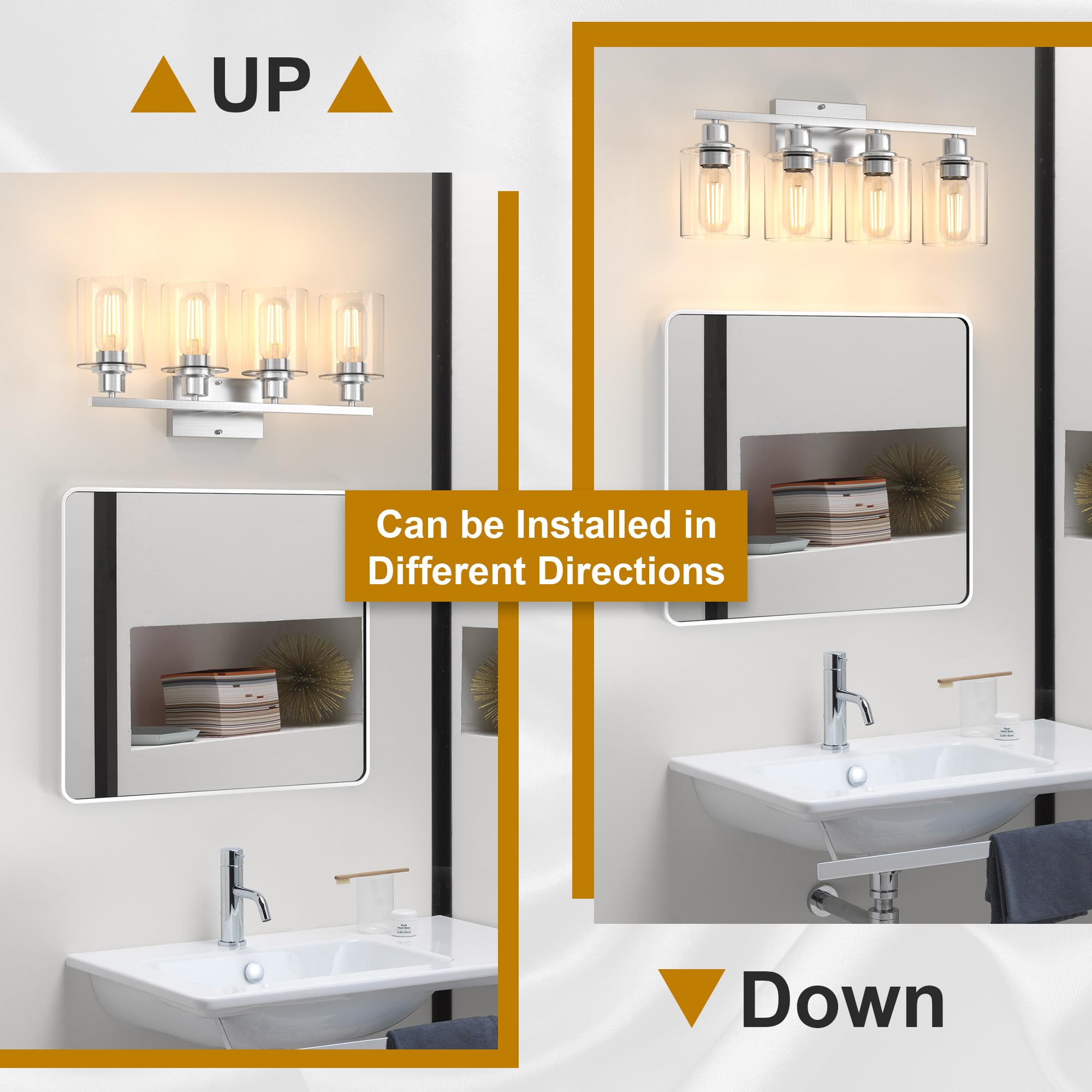 Dekang 4-Light Bathroom Vanity Fixture, Brushed Nickel, Modern Design, E26 Base, Clear Glass Shades, 18 Inches, Model AB-VANITY-TM-4Y