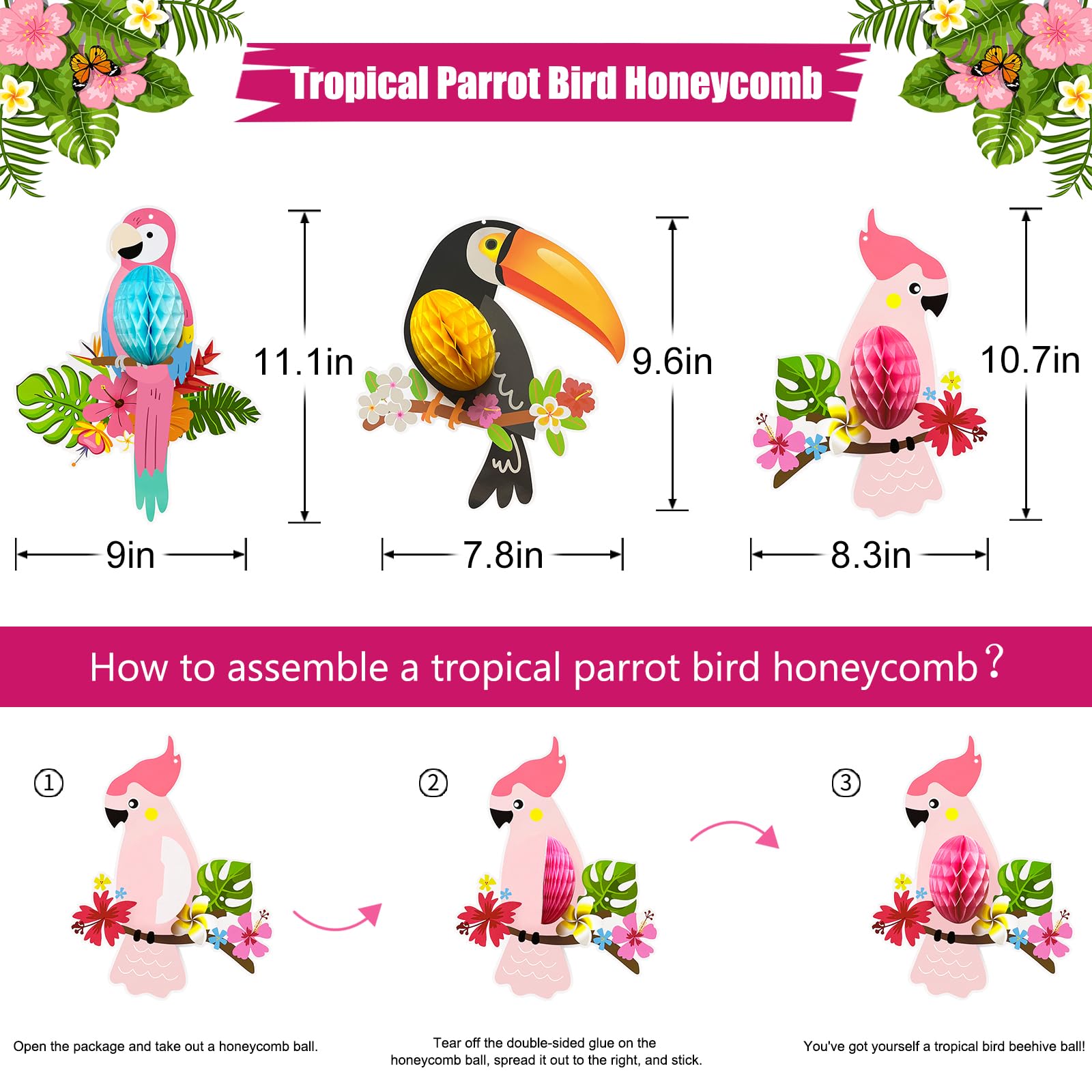 Zilue Luau Party Decorations, Aloha Paper Lanterns Tropical Parrot Birds Tissue Paper Fans Pineapple Honeycomb Decorations For B