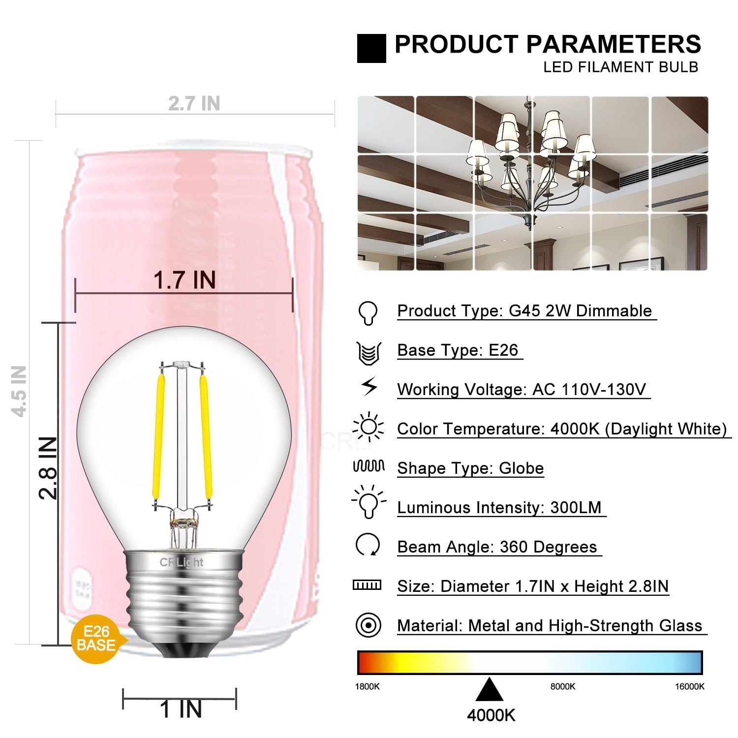 Crlight 2W Led Globe Bulbs, 4000K Daylight White, 30W Equivalent, 8 Pack, E