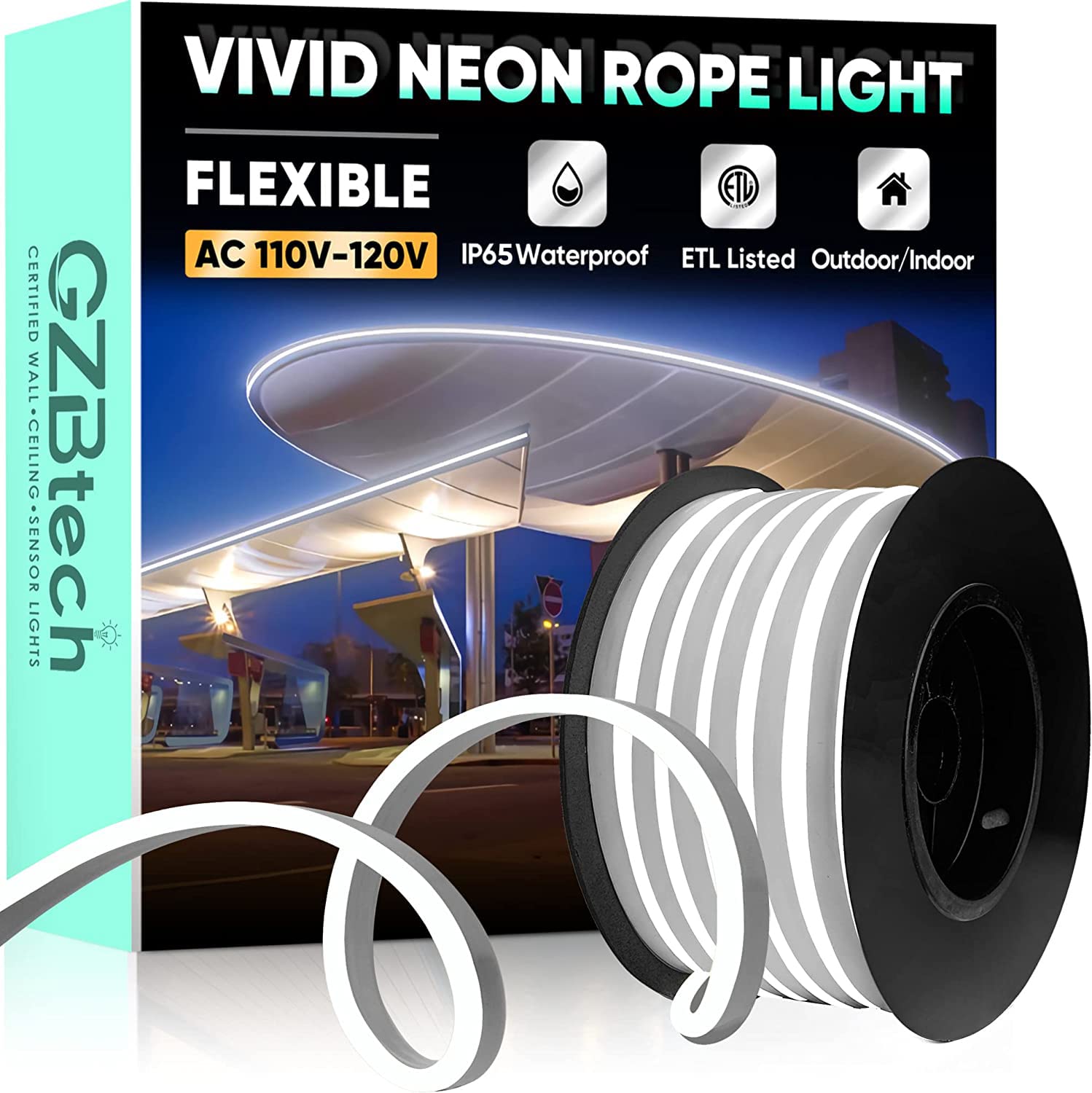 Gzbtech Flexible Led Neon Rope Lights 33Ft Ac 110-120V Waterproof Strip Light  120 Leds/M Cuttable Connectable Neon Lighting For Indoor Outdoor Home Decor/Commercial Building Use-Cold White 10M