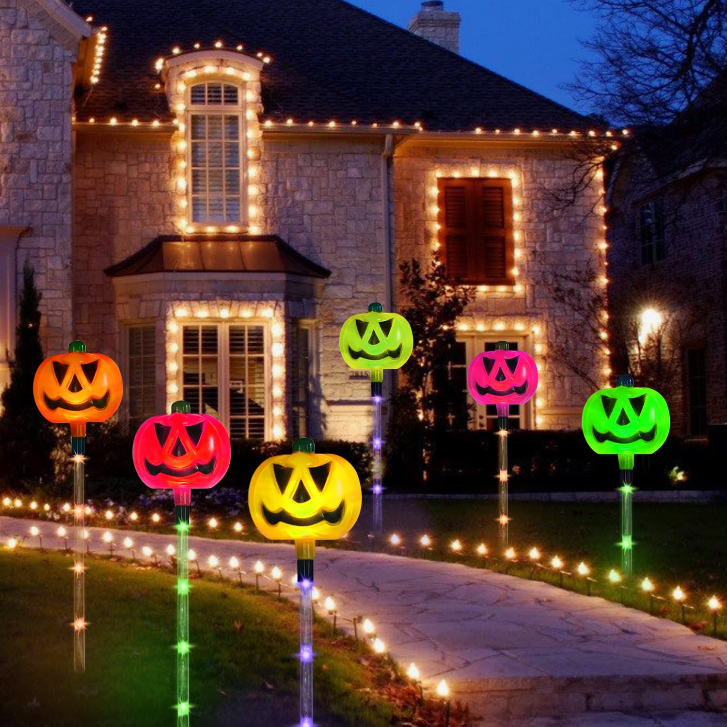 Aovciust 6-Pack Solar Pumpkin Stake Lights For Halloween Decorations Outdoor,Multi-Color For Halloween Decorations Outside Yard