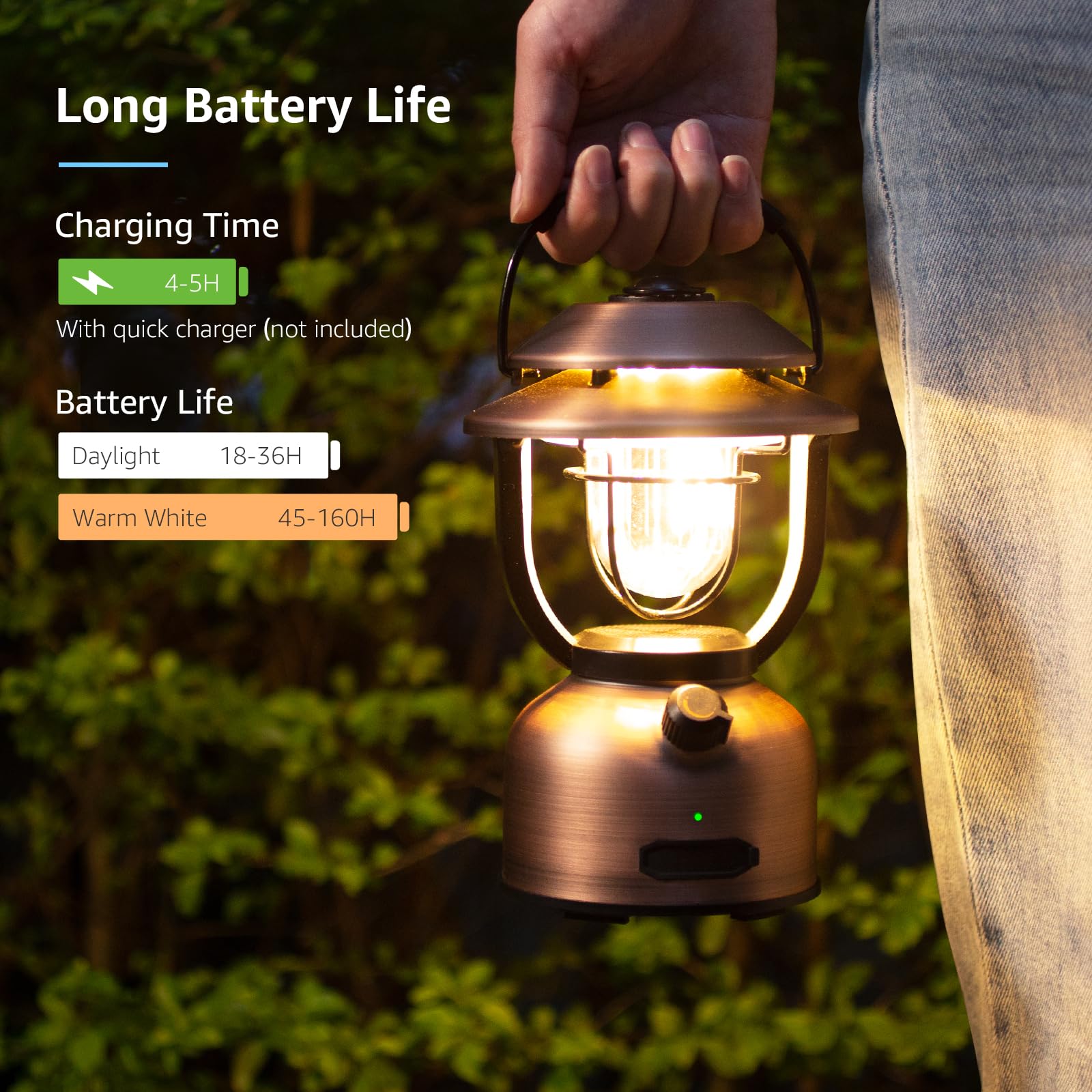 Lepro Retro Classic LED Camping Lantern, Dimmable, USB Rechargeable, Waterproof, Copper, Model 330041, Daylight White 2500K/5000K