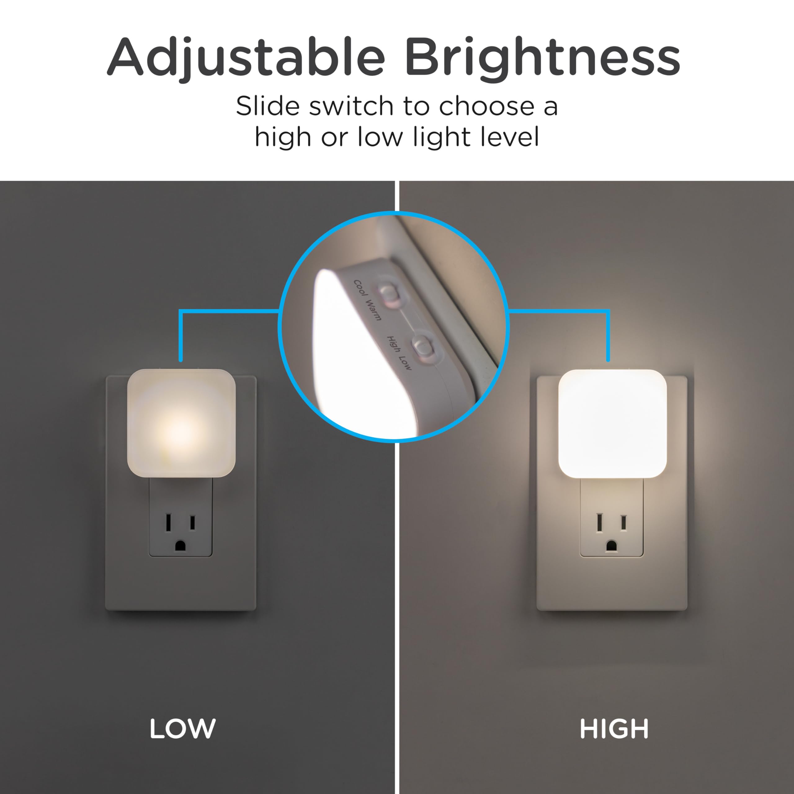 Lights By Night Dimmable LED Night Light, 4 Settings, Plug-in, White, 2 Pack, Model 82179, for Kids, Adults, Bedroom, Bathroom, Nursery