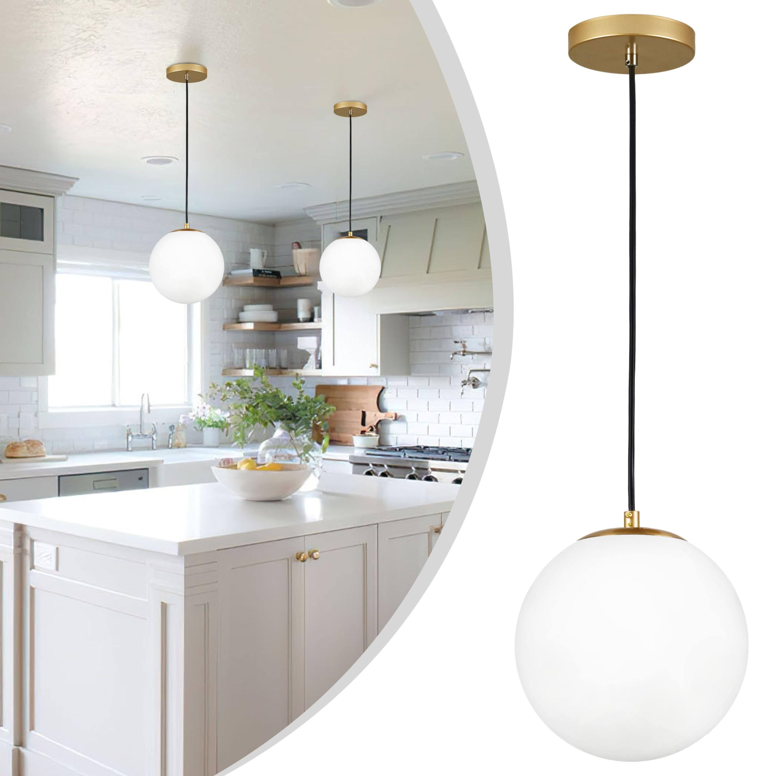 Koko&Yukina 10&quot; Gold Globe Pendant Light, Mid Century Modern Glass Shade For Dining Room/Bedroom