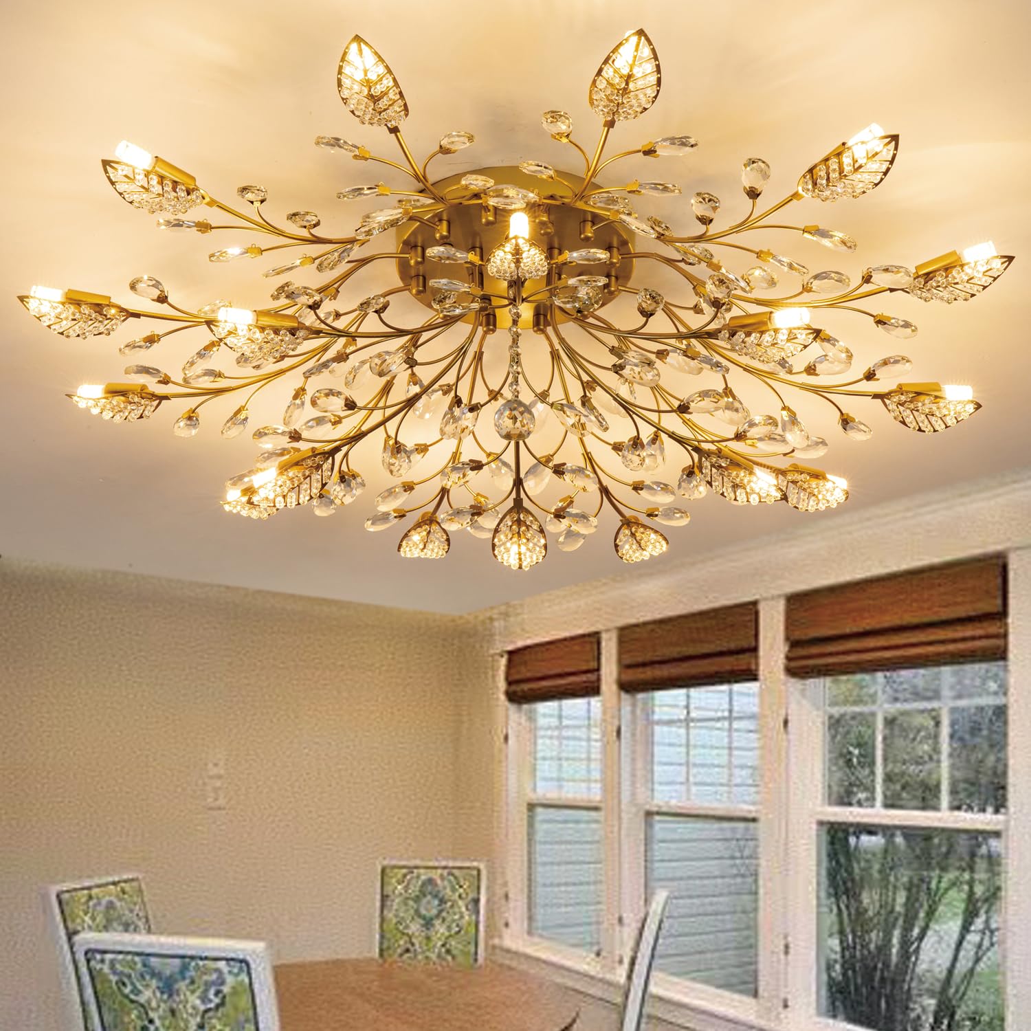 Modern Crystal Ceiling Light Fixture,Semi Flush Mount Chandeliers,Crystal Leaf Ceiling Light, Chandelier for Dining Room,Living 