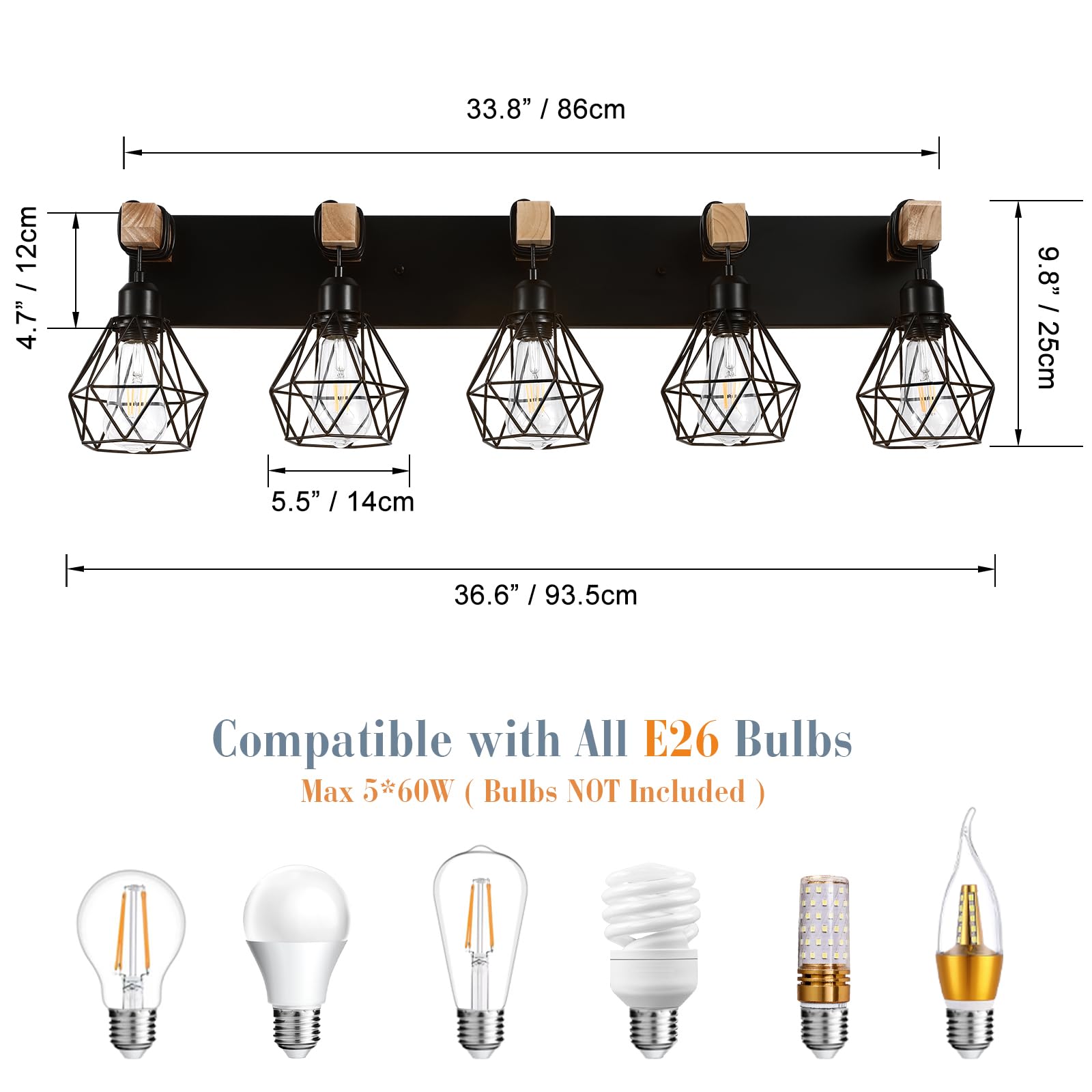 Farmhouse Vanity Light For Bathroom, 5-Light Wood Bathroom Vanity Light Fixtures Over Mirror, Rustic Sconces Wall Lighting With