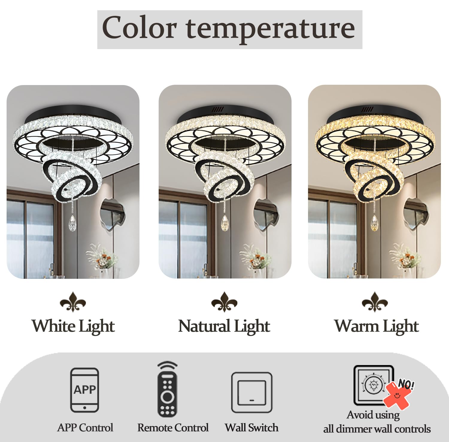 Flashing God 24" Crystal Chandelier LED Flush Mount Ceiling Light - Black, Dimmable 2700k/4500k/6000k, Model MMQ0268-60-H