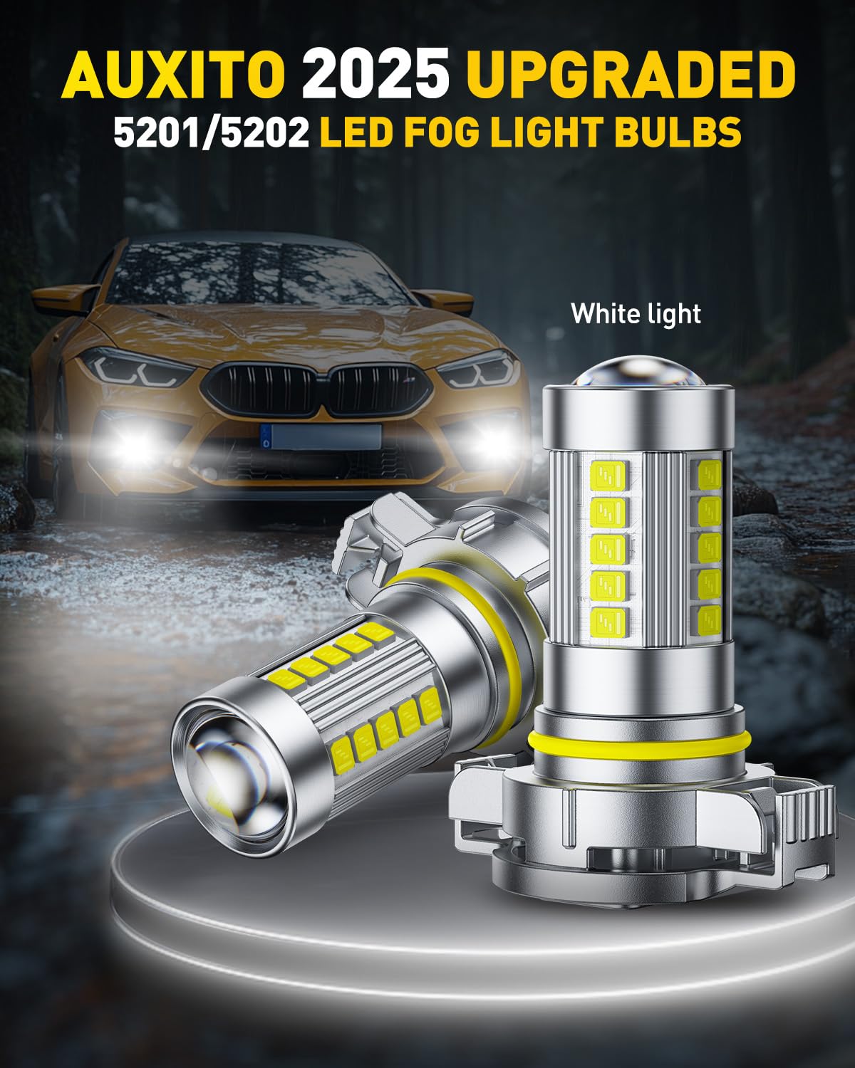 AUXITO 5202 LED Fog Light Bulbs or DRL, True 1:1 Mini Size, 6500K Cool White 5202 Replacement for Cars, Trucks, SUVs, Non-polari