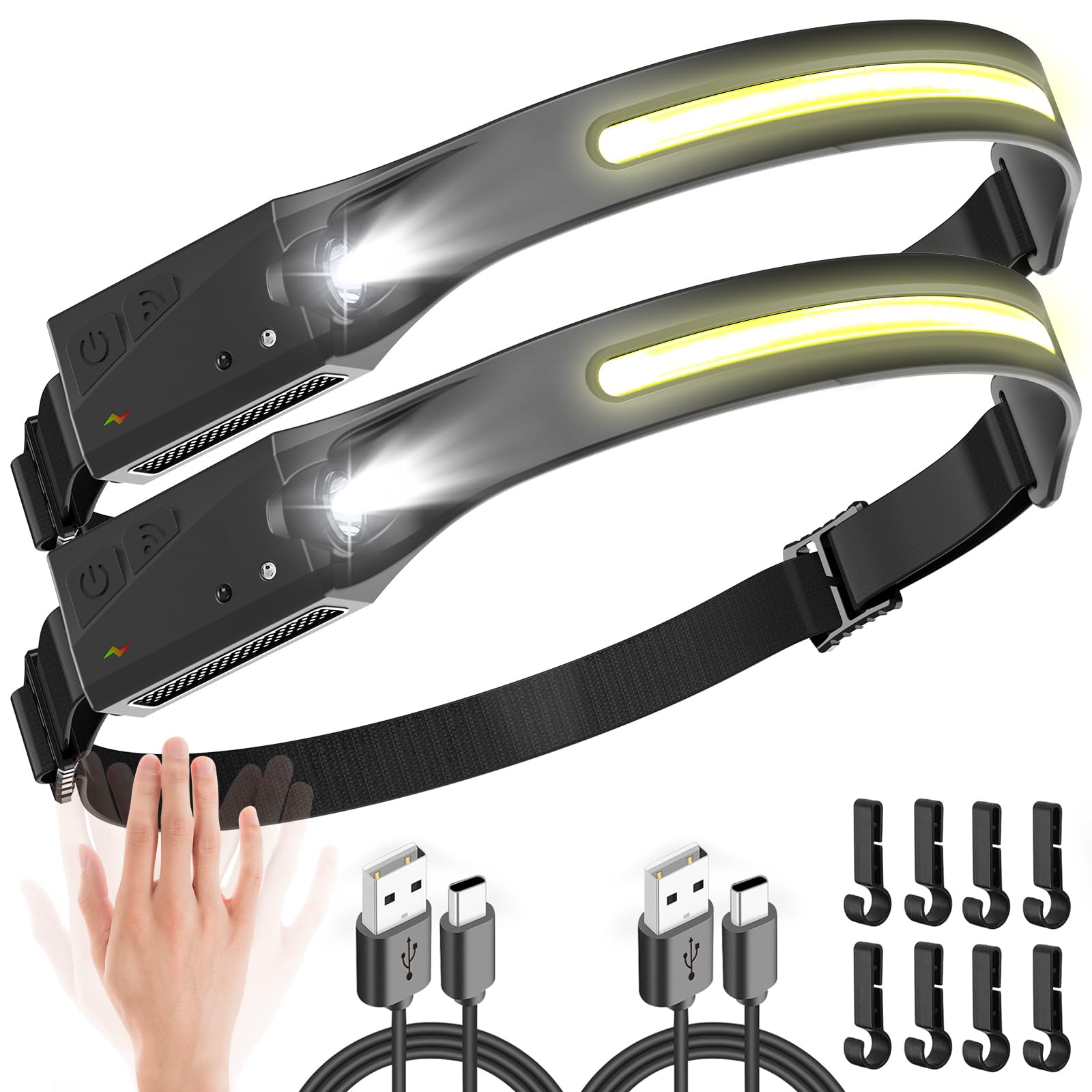 Headlamp Rechargeable, 230 Wide Beam Led Headlamp 2 Pack, Head Lamps Led Rechargeable Super Bright, Motion Sensor Rechargeable H