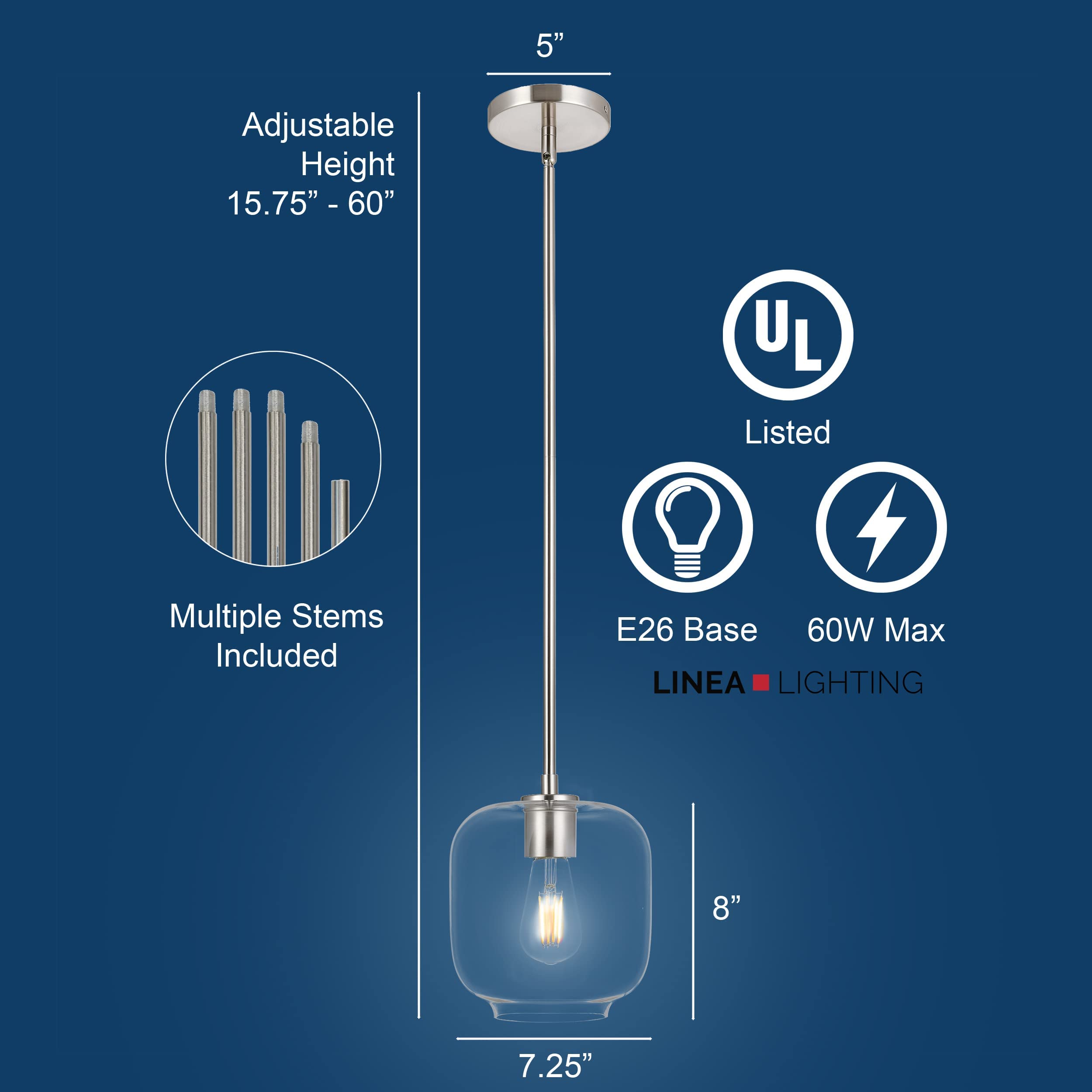 Linea di Liara Piarra Pendant Light, Brushed Nickel, Square Clear Glass Shade, UL Listed, Model LL-P622-1BN