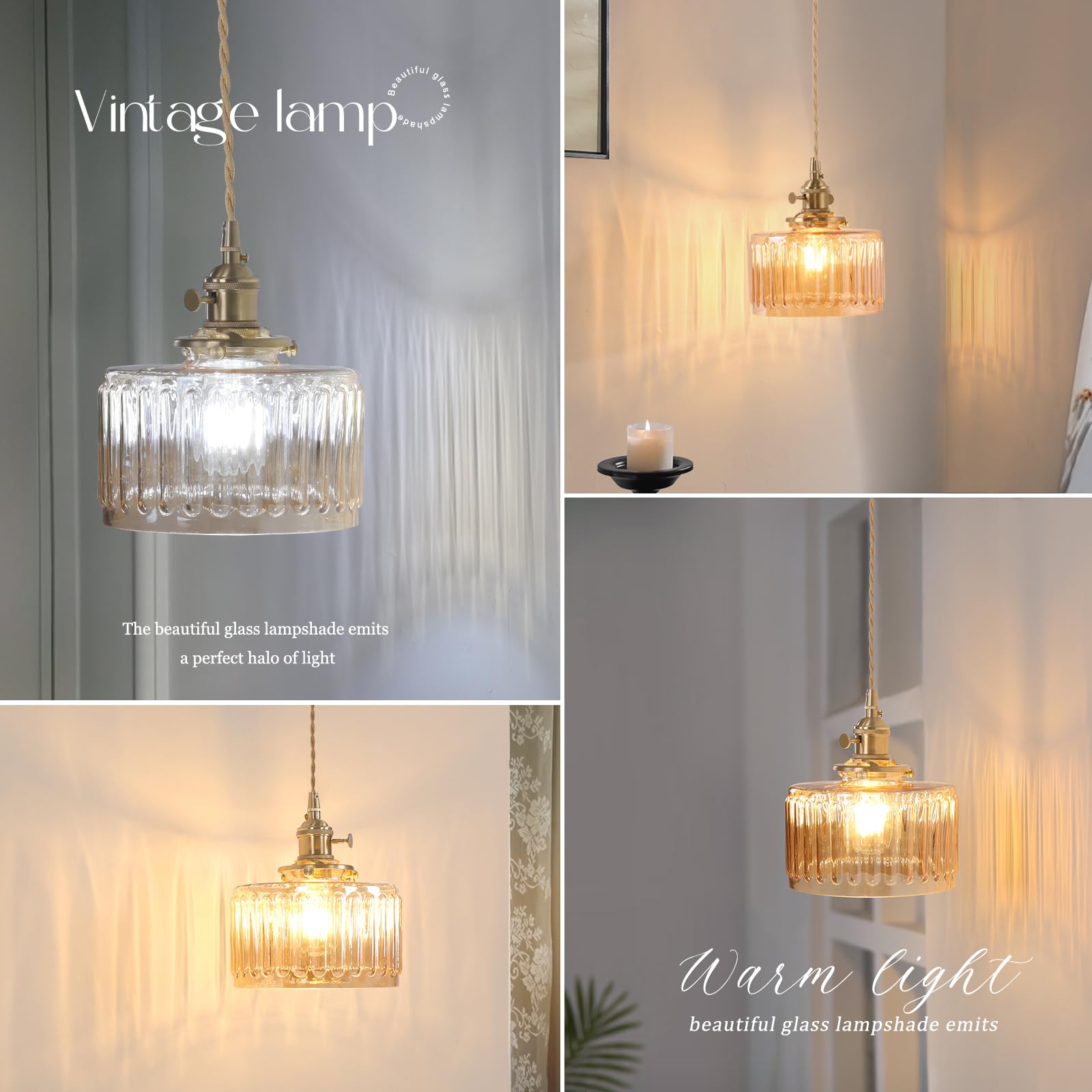 Shenmoyl Vintage Wall Sconce - Brass Adjustable Chain Lamp, Amber Striped Shade, Hardwired, Model 1-944, Retro Gold Decor for Bedroom