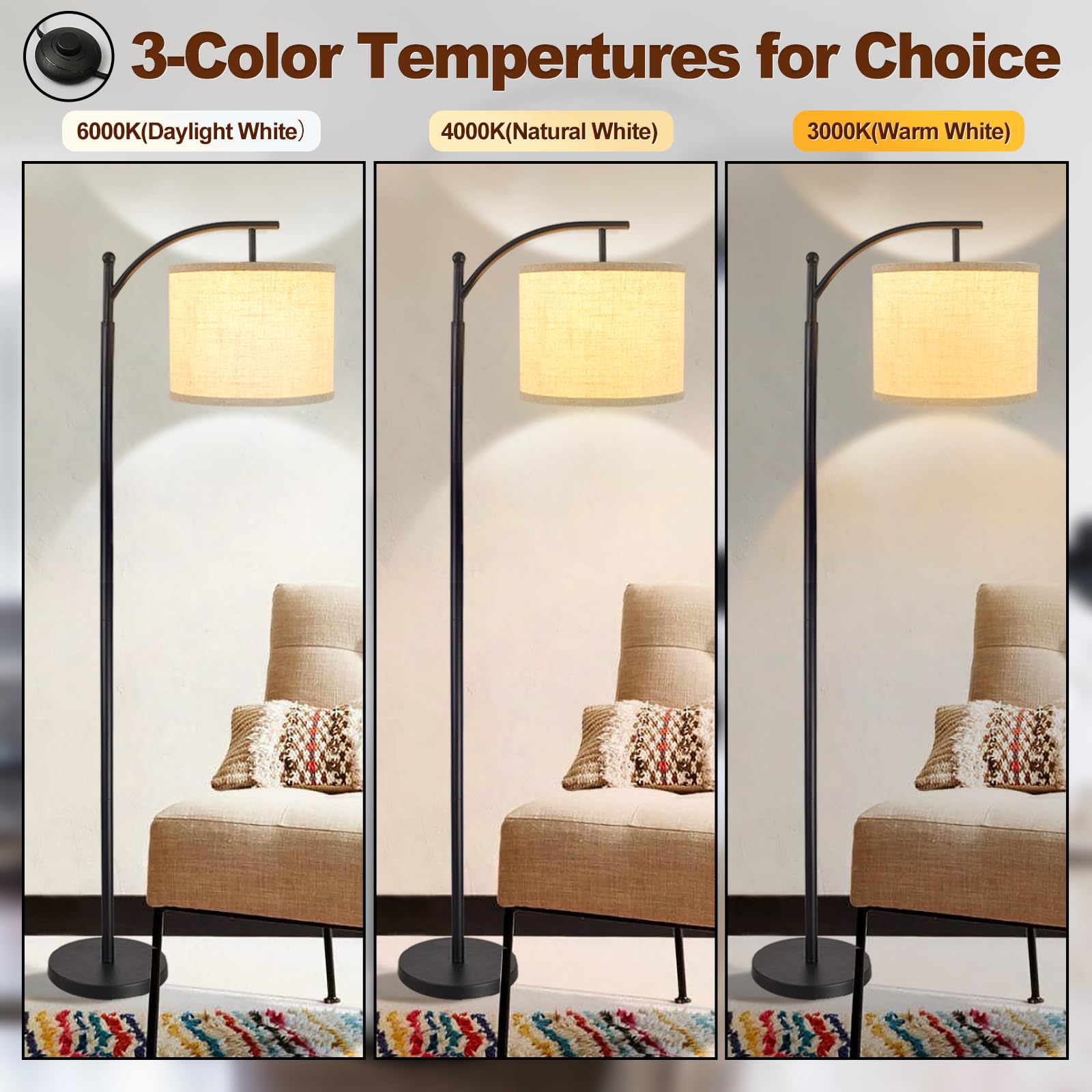 DINGLILIGHTING Modern Arc Floor Lamp, Industrial Metal Reading Light, 1 Light, Black with Flaxen Shade, Model WS-MNF1-60B