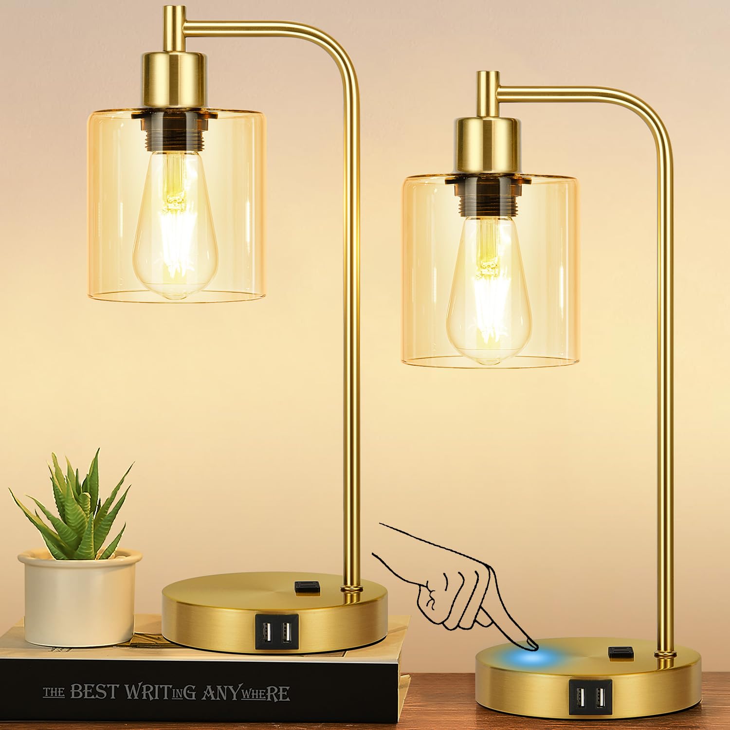 Nintiue Industrial Touch Control Table Lamps, 3-Way Dimmable, Gold, Amber Glass Shade, 2 USB Ports, AC Outlet, Set of 2, Model N202108