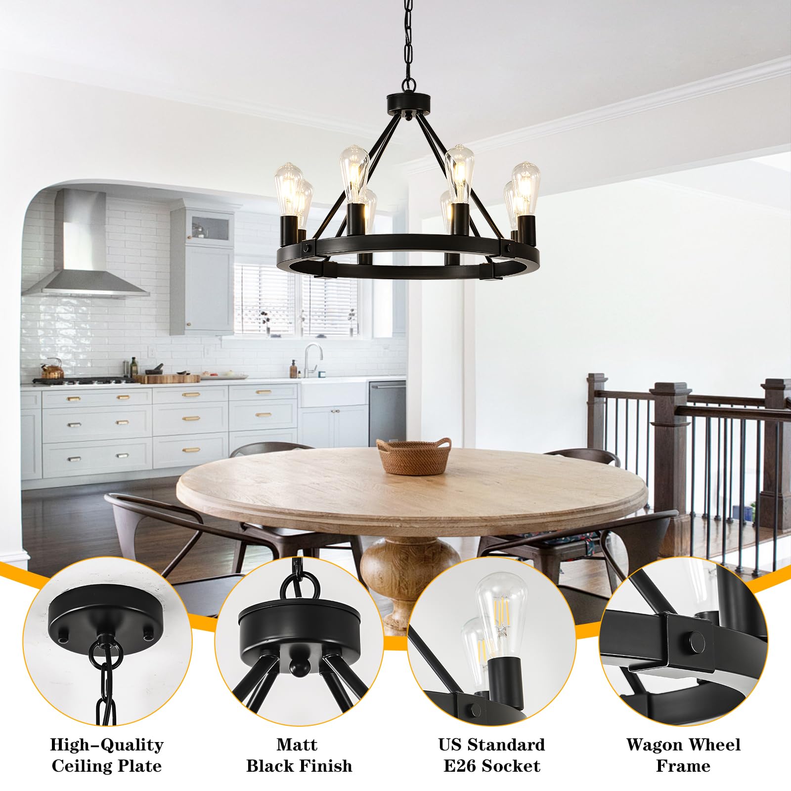 Loftplus Black Modern Farmhouse Wagon Wheel Chandelier For Dining Room Light Fixtures 8 Lights Chandeliers For Living Room Kitch