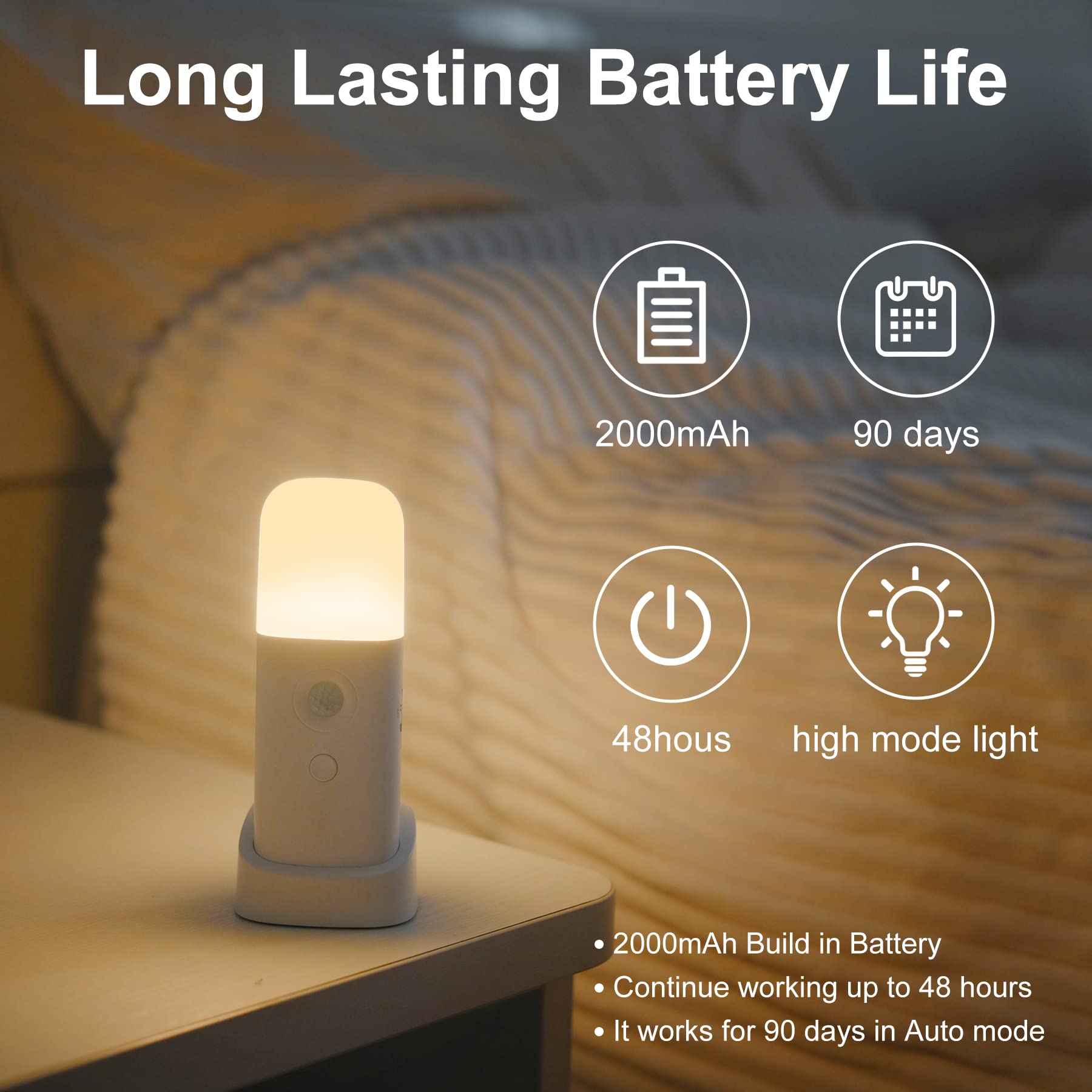 Yelko Motion Sensor Night Light, 2000Mah Rechargeable Night Lights Battery Powered, Portable Dimmable Nightlights With 5 Brightn