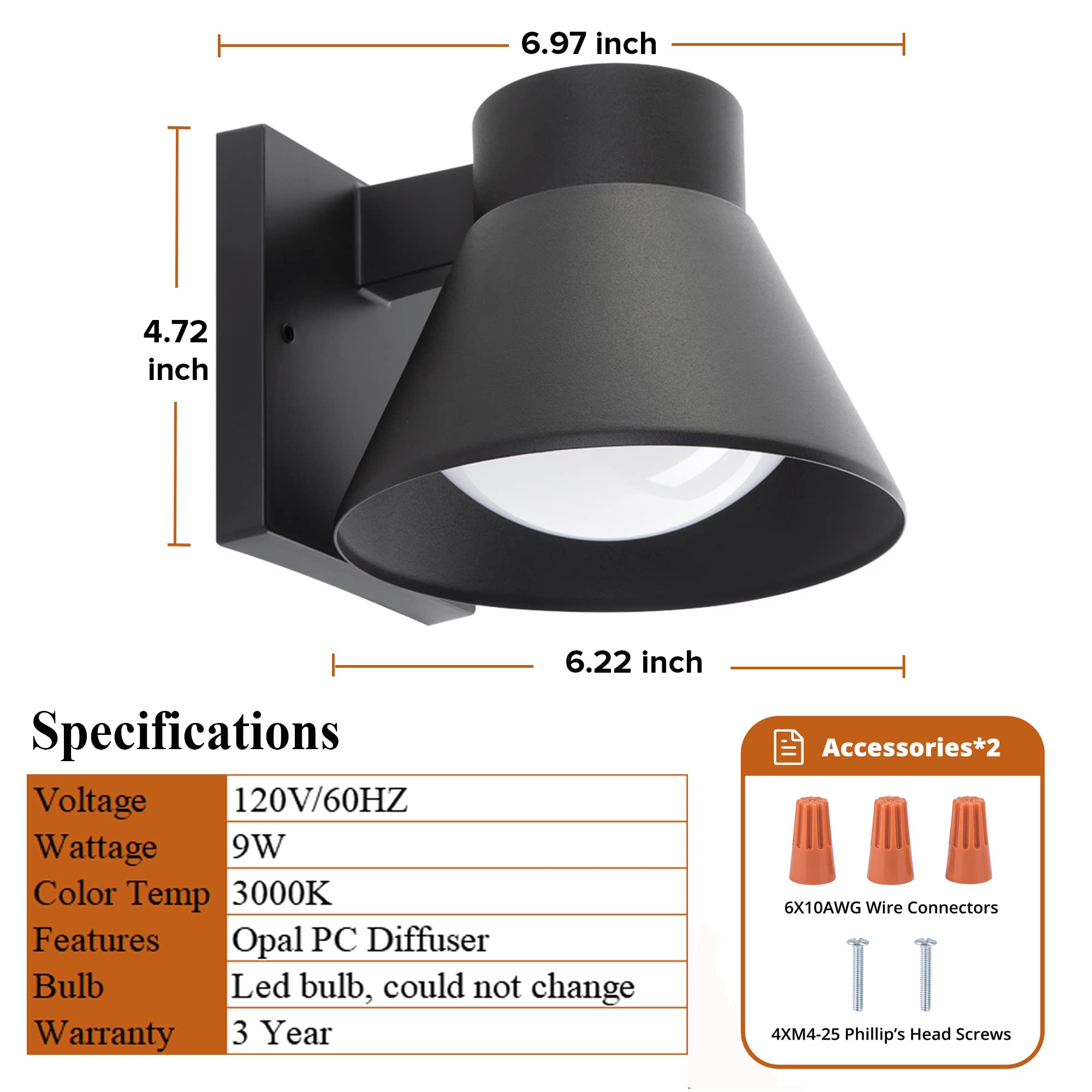 UME LED Outdoor Wall Light Fixtures, Waterproof Black Sconce, Aluminum, 2 Pack, Model 5288501012