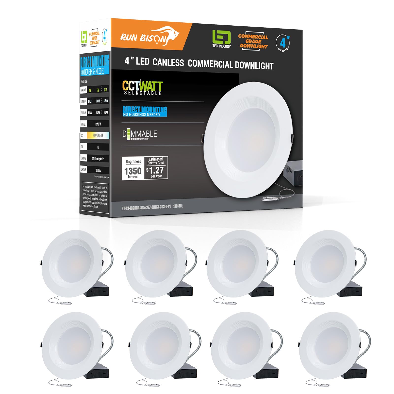 Run Bison 4 Inch Recessed LED Commercial Downlight with J-Box, Wattage Adjustable 9/12/15W,3 Color Selectable 3000K-5000K, 120-2