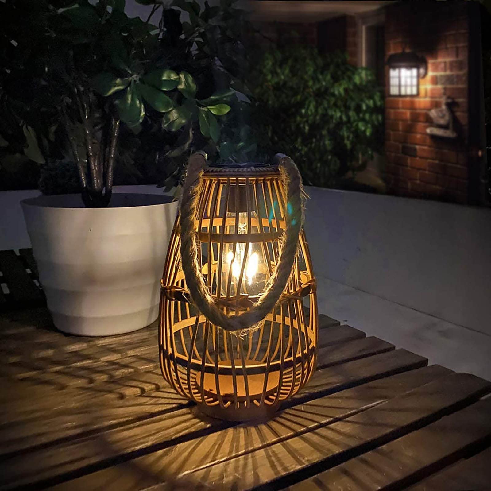 pearlstar Outdoor Solar Lantern Light, Rattan, Edison Bulb, Style 1, Auto On/Off, Hanging/Table Lamp for Patio Garden Wedding Decoration