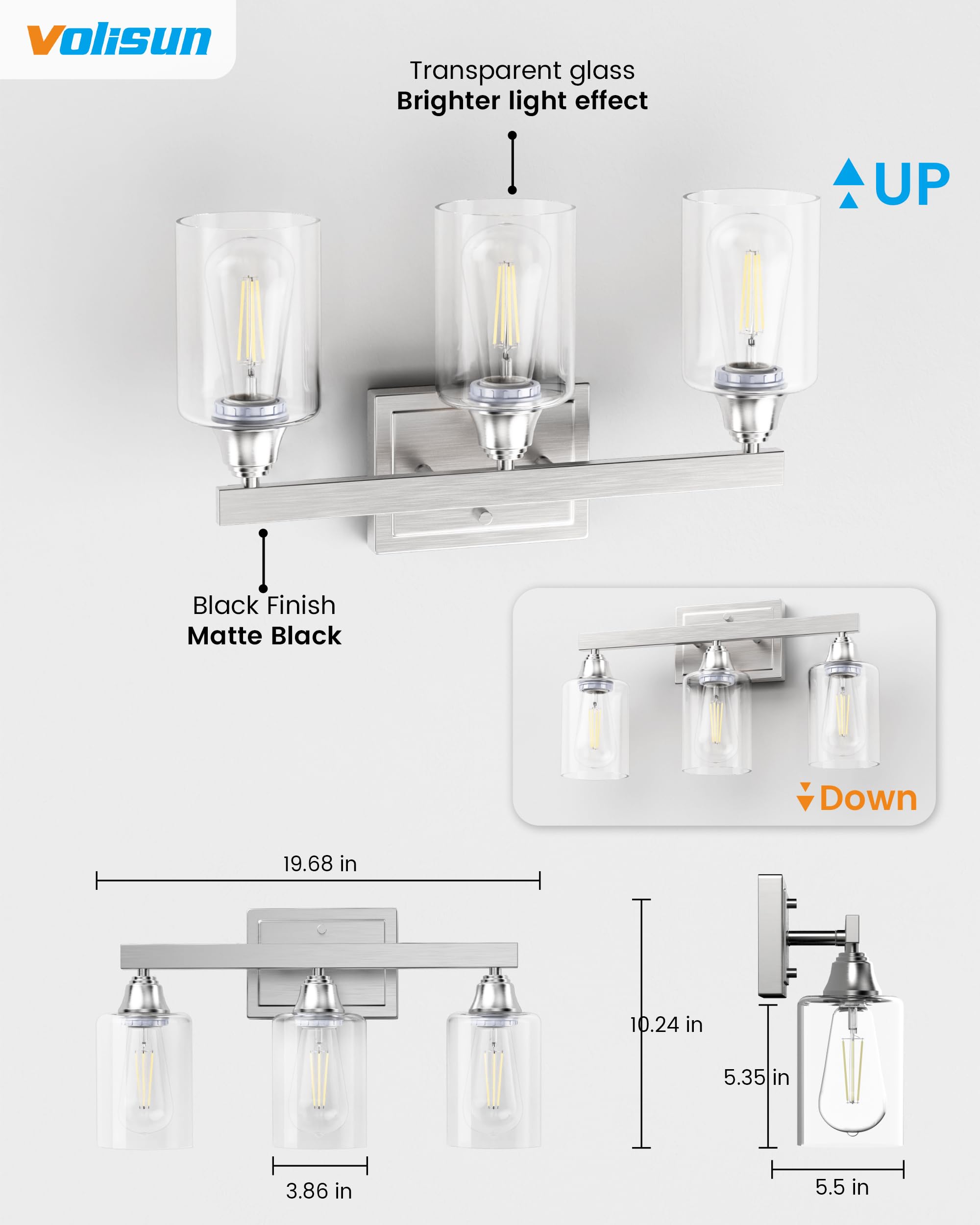 Volisun 3-Light Bathroom Light Fixtures, Brushed Nickel Bathroom Vanity Light Over Mirror, Modern Vanity Light For Bathroom, Bat